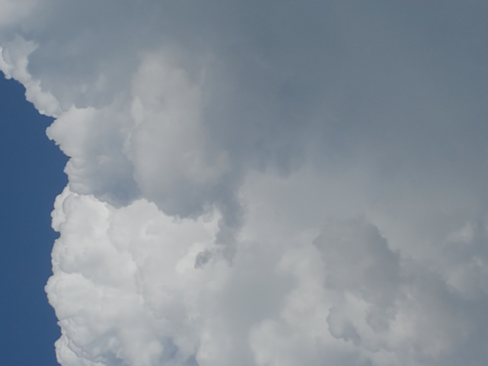 A low-angle outdoor medium shot captures a segment of a bright blue sky meeting a dramatic expanse of white and gray cumulonimbus clouds. The clouds fill the majority of the frame, with their dense, textured forms creating a sense of depth and volume. The bottom right portion of the image is dominated by darker, more shadowed clouds, contrasting with the brightly illuminated upper portions on the left and center. The bright white clouds on the left have a rounded, puffy appearance, while the darker clouds on the right are more diffuse and less defined. No people, animals, or man-made objects are visible in the image. The environment is solely defined by the celestial display of clouds and sky.