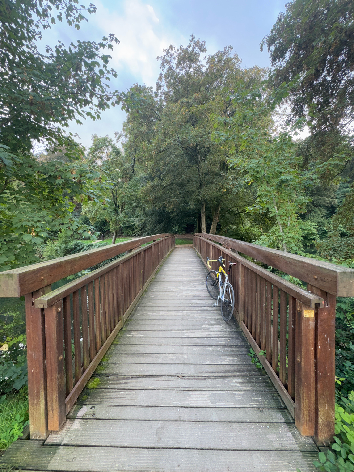 A wooden pedestrian bridge with railings extends into a wooded area. A yellow and white bicycle is parked on the right side of the bridge, leaning against the railing. Trees with green foliage flank the bridge, and the sky above is overcast. The scene appears to be in a park or natural area within the city of Cleves, Germany.