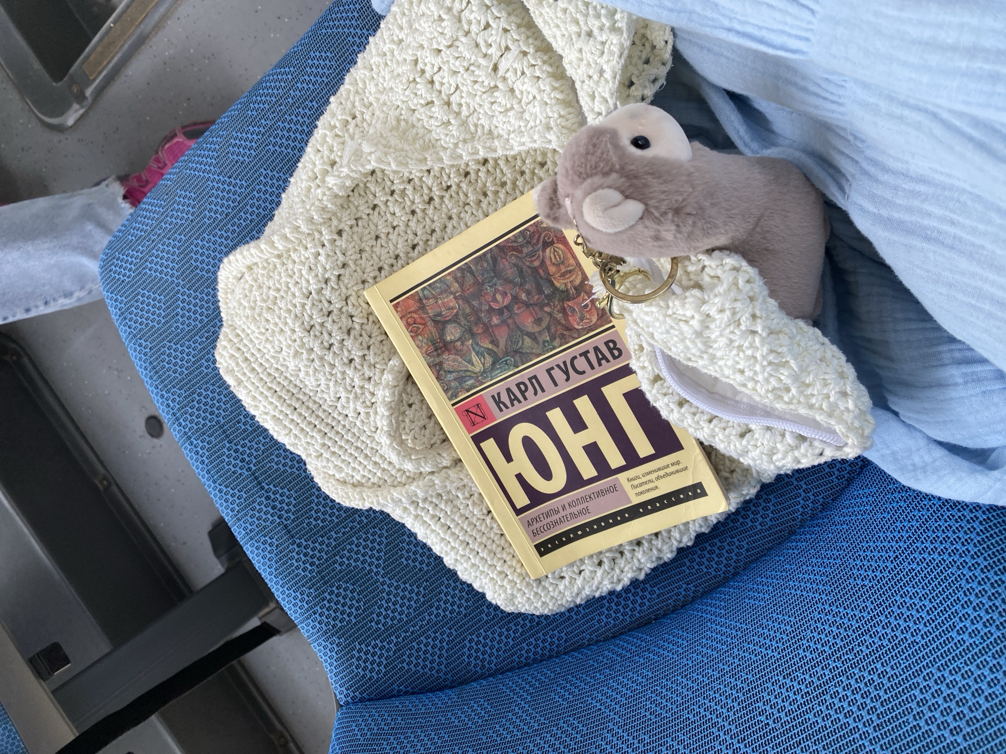 A book, a knitted sweater, and a small stuffed animal keychain lie on a blue patterned seat. The book has a yellow cover with purple text. The stuffed animal, a light brown and white llama or alpaca, is attached to the book by a gold keychain. The sweater is cream-colored and appears to be handmade. The background is blurry and suggests an indoor setting, possibly public transportation. There is no indication of the city of Bac Nha Trang Ward, Vietnam, in the image.