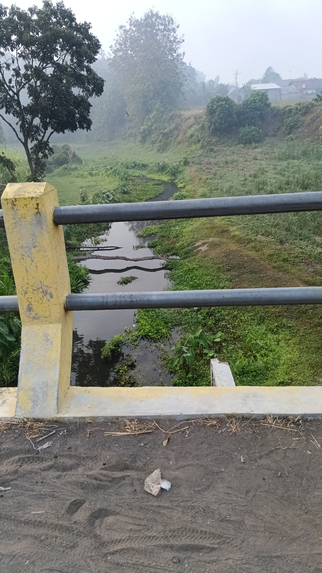 A low-angle shot captures a section of a bridge's railing, with a misty, verdant landscape beyond. The railing consists of two horizontal gray metal bars supported by a yellow concrete pillar on the left. The bridge's concrete surface is visible in the foreground, with tire tracks imprinted on dark sand and a piece of white and brown litter.

The landscape unfolds below the bridge, featuring a narrow, dark stream winding through lush green vegetation. The banks of the stream are covered in a dense carpet of grass and various plants. In the mid-ground, a large tree with dark green foliage stands to the left. Beyond this, the terrain rises, with more trees and shrubs visible against a hazy, light gray sky. In the distance, on the right side of the image, a few houses with light-colored roofs can be seen nestled among the trees, suggesting a rural or semi-rural setting. The overall atmosphere is serene and quiet, with the mist lending a diffused, soft light to the scene. The location is identified as Slumbung, Indonesia.