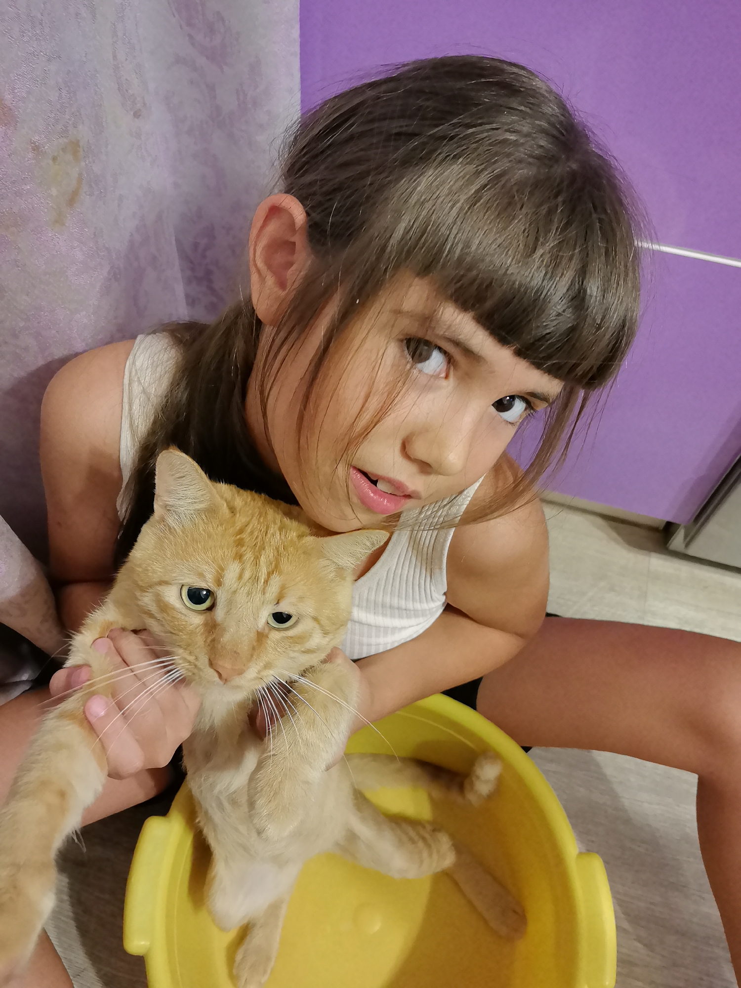 A young girl with dark hair and bangs, wearing a white tank top, sits on the floor and holds an orange tabby cat. The cat is placed inside a yellow bowl. The girl's left arm is visible supporting the cat, and her right hand is also on the cat. Her facial expression is directed towards the camera. The background consists of a textured purple wall and a lighter colored wall. The flooring is visible and appears to be light-colored. There is no information in the image to suggest this scene is located in Kazan, Russia.