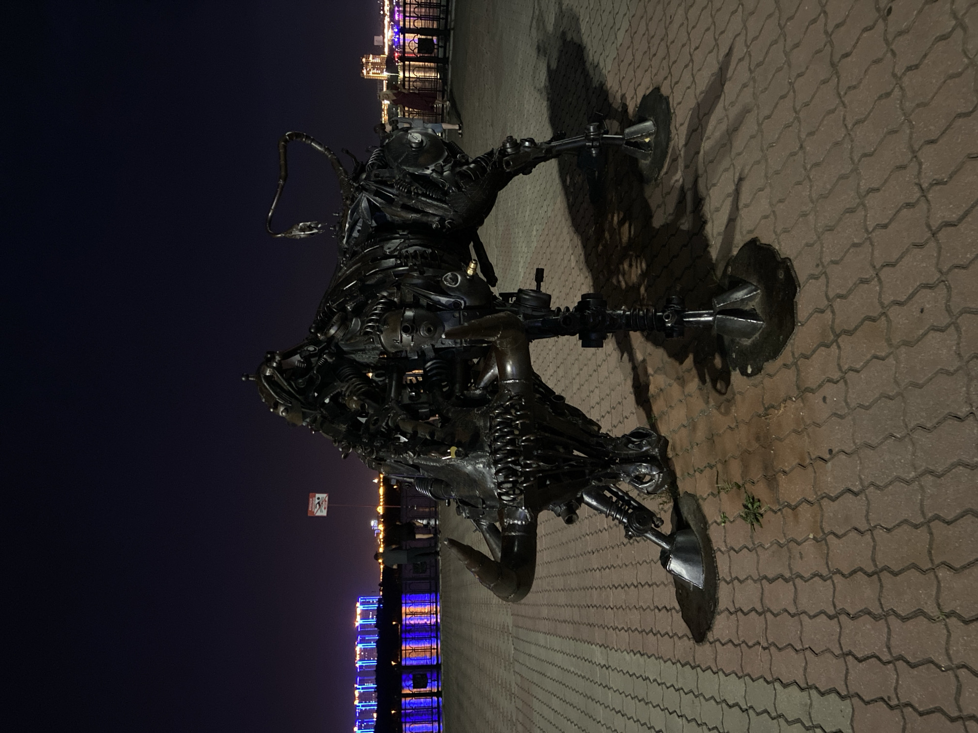 A dark, metal sculpture of a bull stands on a paved walkway at night. The bull is intricately constructed from various metal parts, resembling mechanical components. It is positioned on a reddish-brown, interlocking paver surface that reflects some of the ambient light. The sculpture is lit from the front, casting a long shadow behind it.
In the background, a body of water is visible, with buildings and lights lining the opposite bank. The water reflects the blue and orange lights of the buildings. Further back, a few people are standing on the walkway, observing the scene. A white sign with red lettering is mounted on a pole in the distance. The sky is dark and clear, indicating nighttime.
This scene is located at the Amur River embankment in Blagoveshchensk, Russia. The sculpture is a prominent feature of the embankment, often attracting visitors and serving as a landmark. The general atmosphere is peaceful and urban.