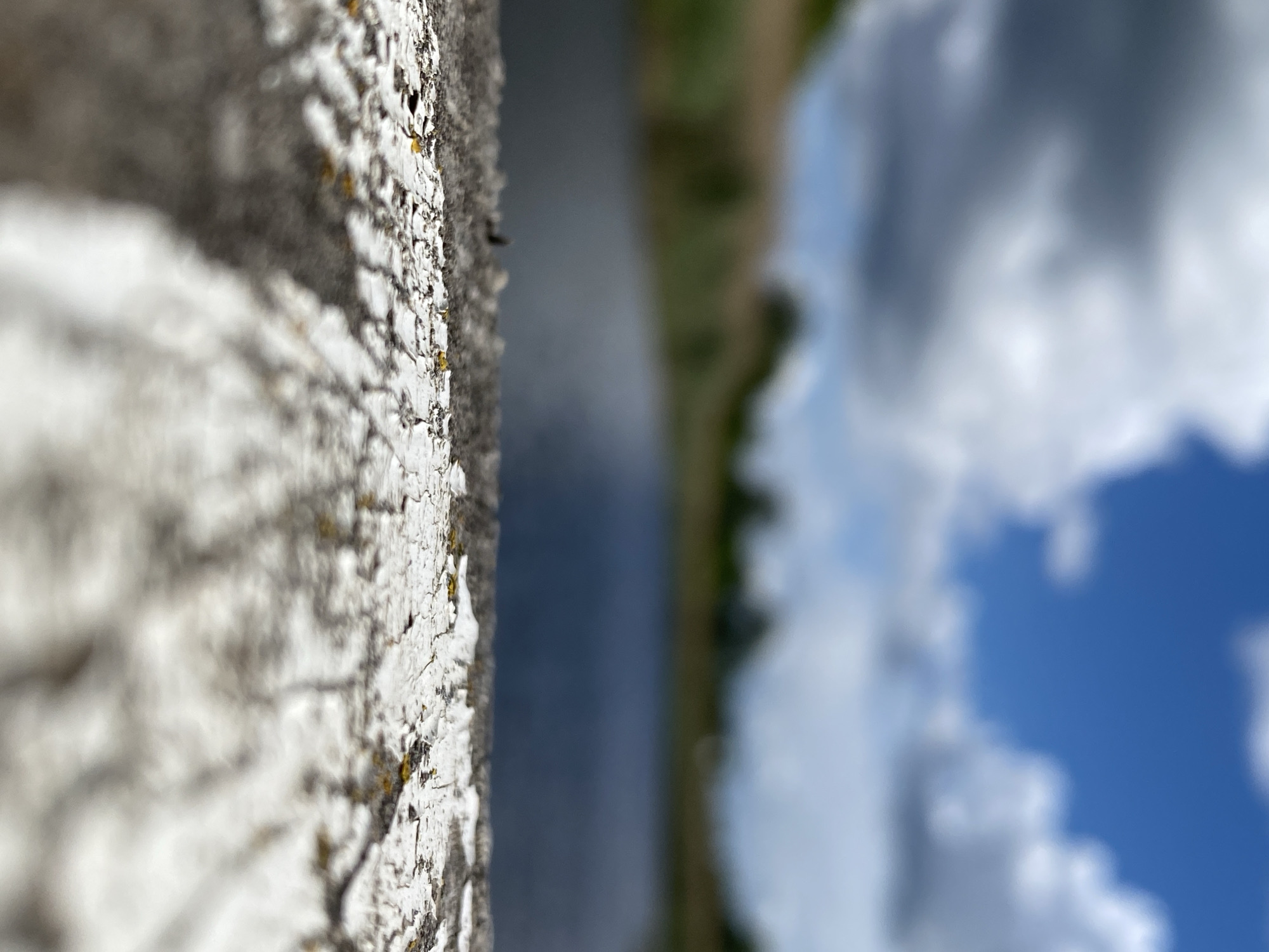 The image shows a close-up view from a low angle. On the left is a textured surface, possibly a wall with flaking white paint revealing a darker underlayer. To the right of this wall is a body of water that is reflecting the sky. Beyond the water is a blurred landscape with green vegetation and a partly cloudy sky with blue patches. The scene is possibly located in the city of Ustyvytsia, Ukraine. No people or interactions are visible in the image.