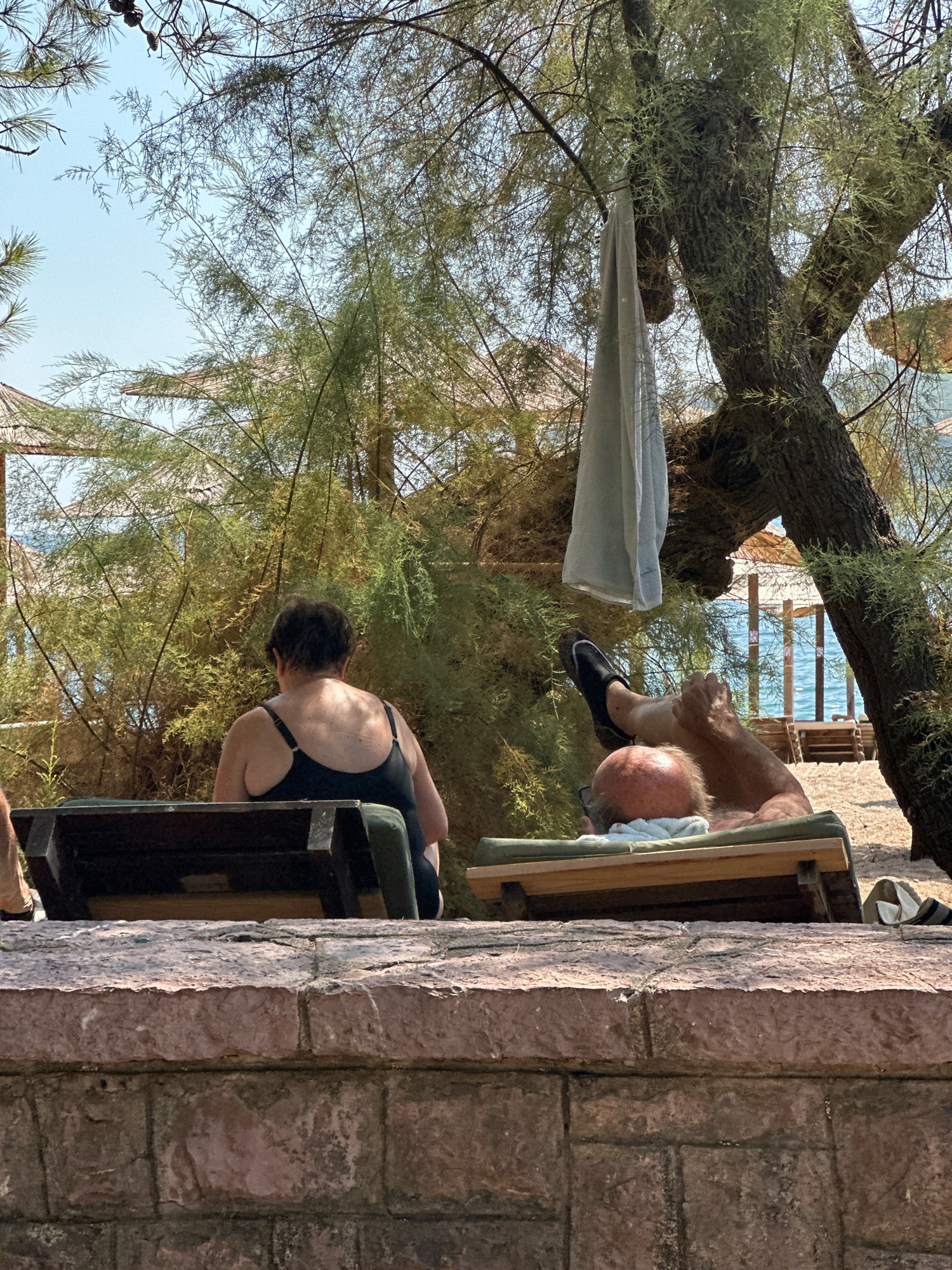 In Budva, Montenegro, a rear view of a woman in a black swimsuit is captured, seated on a wooden chaise lounge. To her right, a man, balding and wearing glasses, reclines on another chaise lounge, with his legs propped up. His right leg is visible from the knee down, clad in a black slipper. The scene is set outdoors, under the dappled shade of trees, with the bright blue sea visible in the background. Beach umbrellas and more loungers are sparsely scattered across the sandy shore. A light-colored towel hangs from a tree branch. The foreground features a textured, red-brown brick wall.