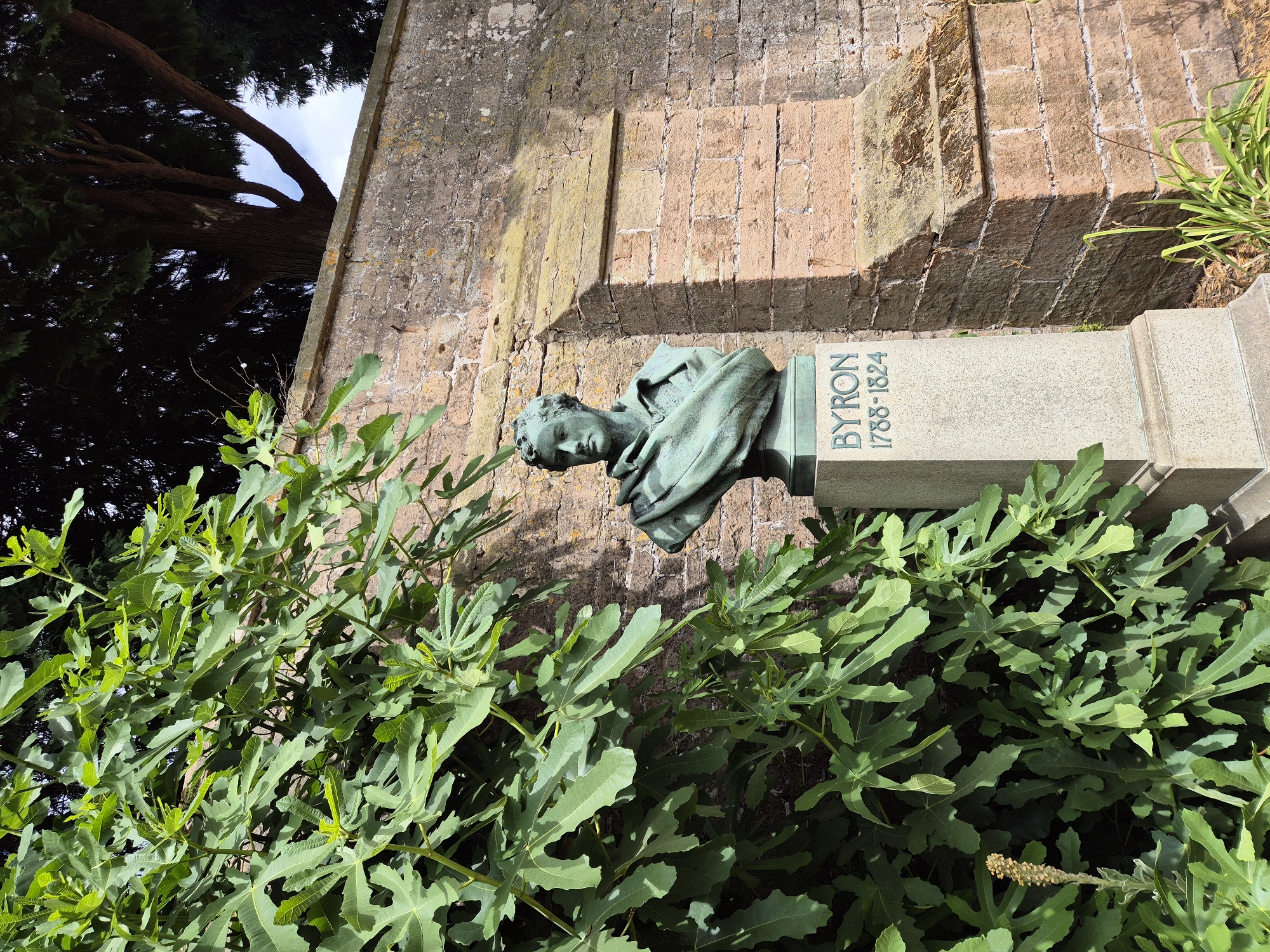 The image shows a bust of Lord Byron, inscribed with "BYRON 1788-1824," positioned in front of a weathered brick wall. The bust is made of a greenish metal, possibly bronze, and is mounted on a stone pedestal. Lush green foliage from a large plant, possibly a fig tree, partially obscures the left side of the bust and the wall. The wall appears to be made of roughly hewn stones, with some areas showing signs of age and wear, including moss or lichen. Behind the wall, the dark branches of a large tree are visible against a bright sky. The ground in front of the pedestal is covered with dry leaves and some grass. This memorial is located in the Gedling Borough Cemetery, also known as Gedling Cemetery, in Gedling, United Kingdom.
