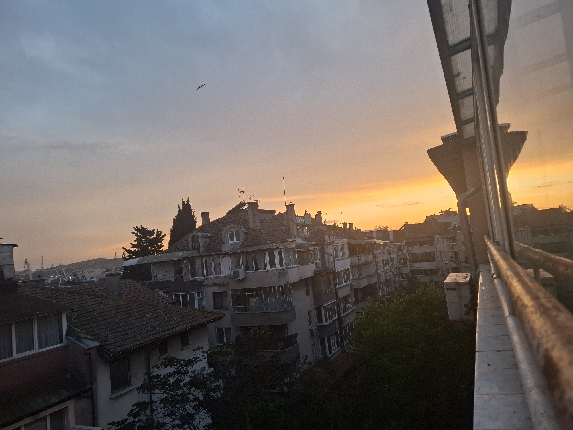 The image captures a view over Burgas, Bulgaria, at sunset, likely taken from an elevated position. The foreground includes parts of a building, possibly a balcony or window, with reflections of the sunset visible. In the middle ground, there is a dense cluster of residential buildings with pitched roofs, antennas, and satellite dishes. The background reveals a harbor with cranes and a distant hill or headland under the colorful sky of sunset. A bird is flying in the sky.