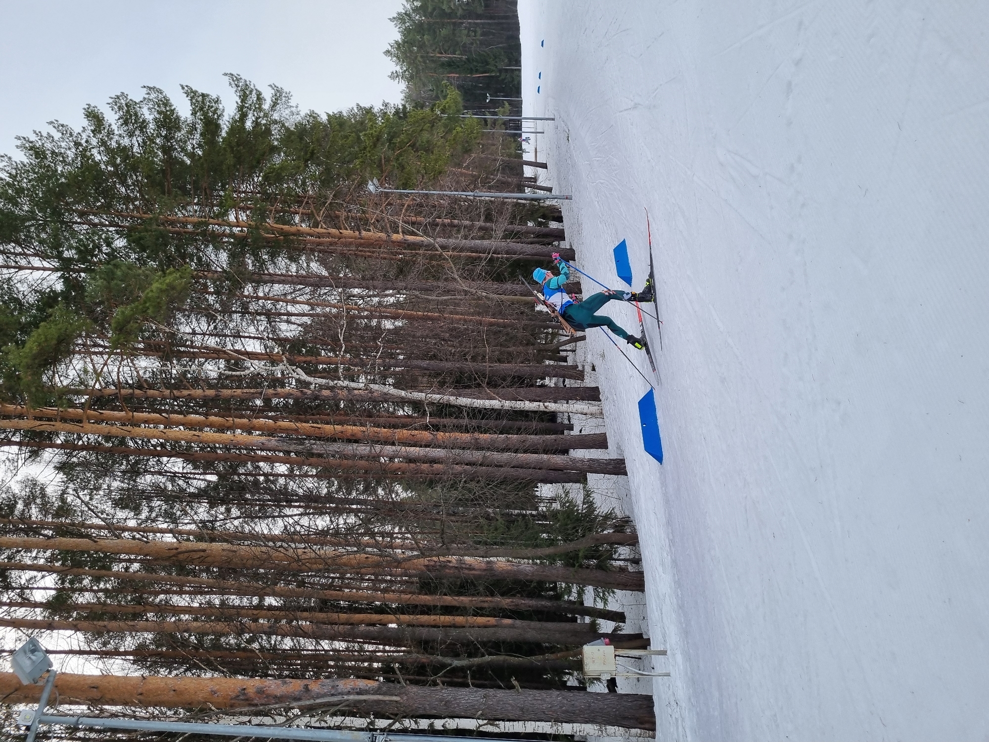 The scene depicts a snow-covered biathlon or cross-country ski track within a wooded area in Прикамский, Russia, under an overcast sky. In the mid-ground, a lone individual skis rightward, propelled by ski poles. The skier wears a blue hat, a teal and green race suit, and black gloves, with a biathlon rifle strapped to their back. Their black and red skis are visible, with the left ski lifted mid-stride and the right ski on the snow. Blue, wedge-shaped markers are placed periodically on the snow along the track. To the immediate left of the track, a white sign with dark text is affixed to a pole, partially obscured by snow. The left side and background are densely populated with tall, mostly coniferous trees, exhibiting dark green foliage, along with some deciduous trees with bare branches and pale bark. Several tall, gray streetlights with rectangular luminaires illuminate the track, extending into the background. Faint outlines of additional skiers are visible further down the track in the distance. The entire ground surface is covered in groomed white snow, showing ski tracks.