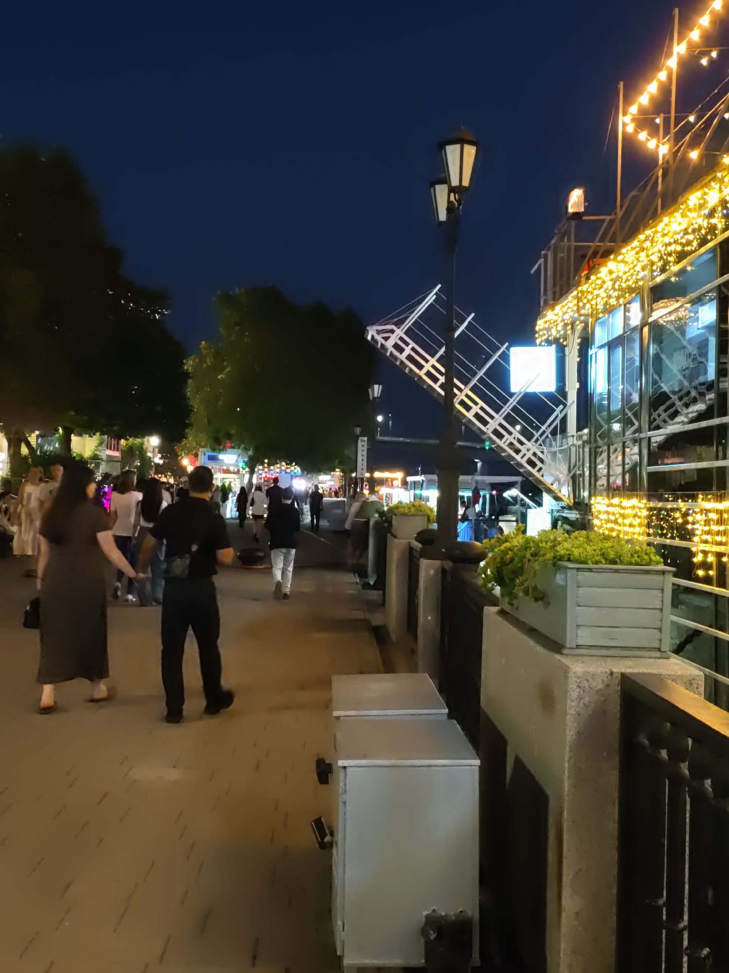 The image depicts a nighttime scene along a waterfront promenade in Rostov-on-Don, Russia. The promenade is paved with light-colored tiles and is illuminated by decorative string lights adorning the buildings and a lamppost. Several people are walking along the promenade, appearing to be engaged in leisure activities. Some individuals are walking together, while others are walking alone. A man in a black shirt and pants is walking towards the viewer, with a woman in a dark dress walking ahead of him. In the background, more people are visible walking further down the promenade. Buildings with large windows are visible on the right side of the image, decorated with a cascade of yellow string lights. The sky is dark blue, indicating it is nighttime. Green trees line the left side of the promenade. Two large, grey metal bins are positioned on the promenade. A railing with dark metal bars separates the promenade from what appears to be a body of water or lower level on the right. A planter box filled with green foliage is situated on a stone structure next to the railing.