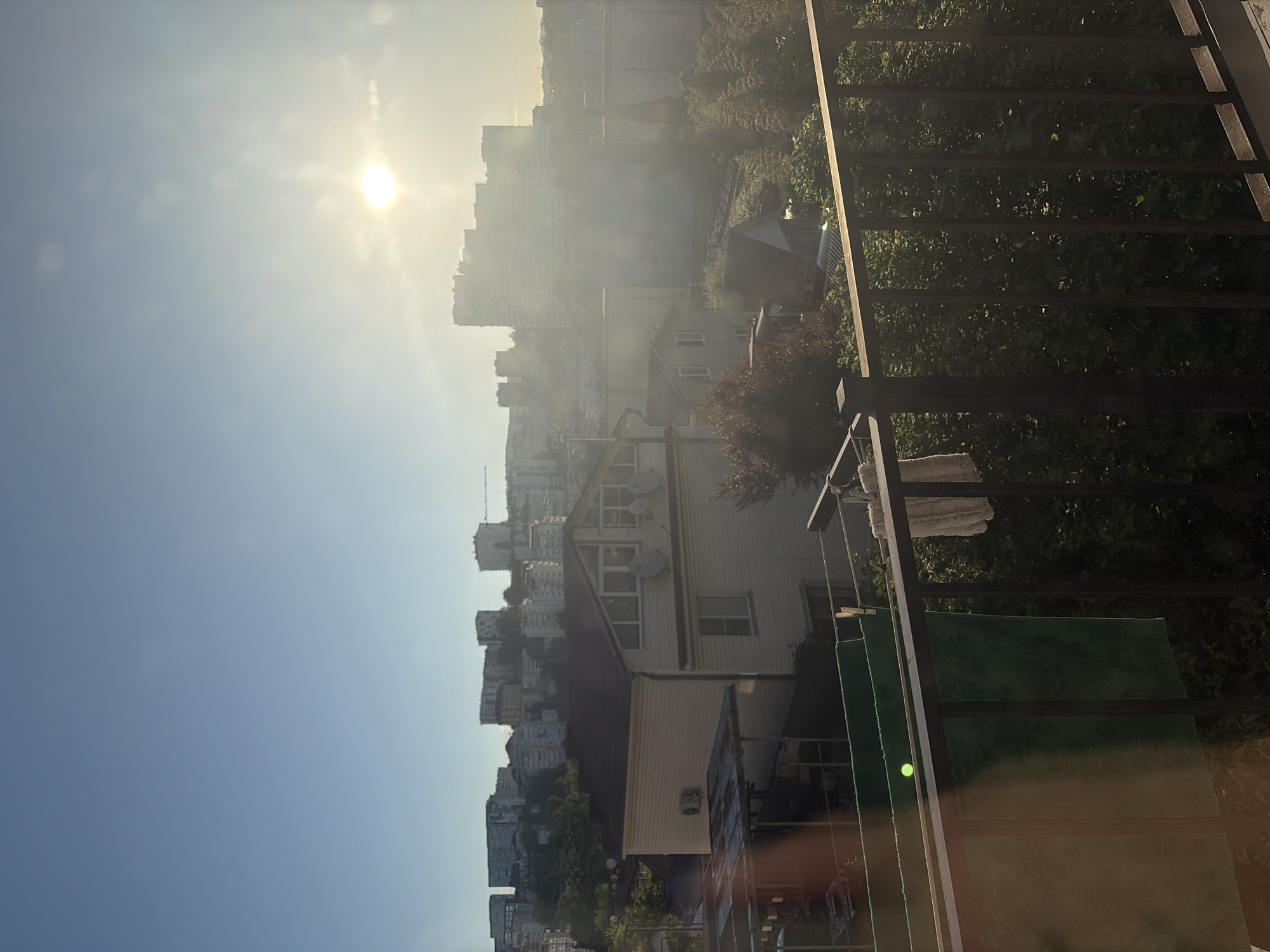 The image, taken from a balcony in Sochi, Russia, captures an urban landscape bathed in warm, hazy sunlight. The sun, a brilliant white orb, is prominently positioned in the upper left of the frame, indicating either early morning or late afternoon. Its bright glow diffuses across a clear blue sky, creating atmospheric haze that softens the distant cityscape.
In the background, numerous multi-story buildings, likely apartment blocks, stretch across the horizon, appearing somewhat silhouetted and indistinct due to the intense backlighting. Closer to the foreground, a distinct, light-colored house with a dark, sloped roof and two satellite dishes is visible, nestled among lush greenery.
The immediate foreground features a dark metal railing, suggesting the vantage point is a balcony or terrace. Several green mats or rugs are draped over this railing, possibly drying, with a bright green light flare reflecting on one. A white towel or cloth is also visible on the railing towards the left. Dense trees and foliage are interspersed throughout the scene, particularly between the structures and peeking out from behind the foreground railing. The overall impression is a peaceful, sun-drenched view over a residential area. No discernible text is visible in the image.