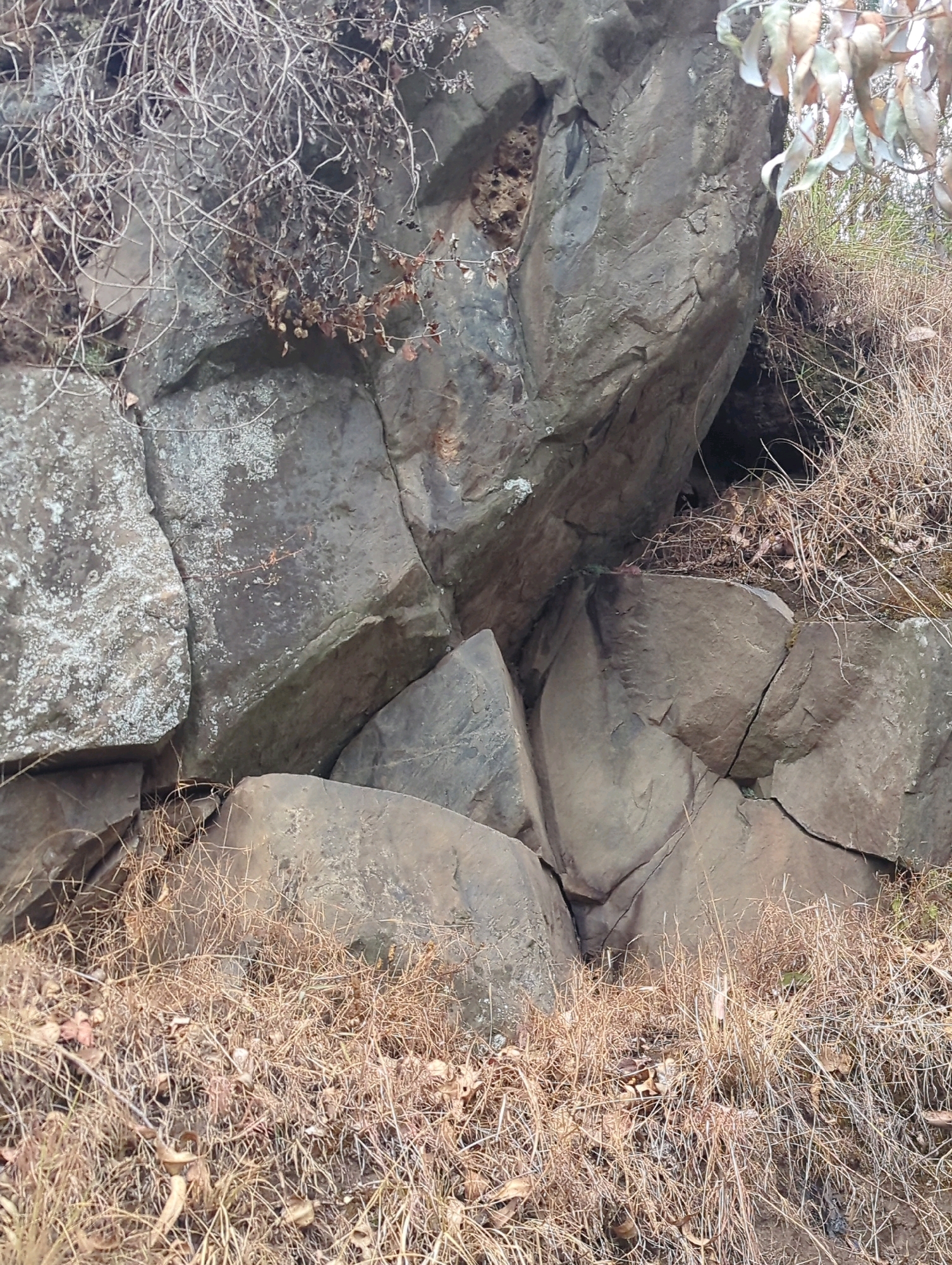 The image depicts a close-up view of a rocky outcrop covered in dry grasses and a few bare branches. The rocks are large and varied in shape and texture, with some appearing mossy and others smooth. The ground is covered in a dense layer of dried vegetation, suggesting a dry season or arid environment. The scene appears to be outdoors, in a natural setting. No people are visible in the image. The location is identified as Musanze District, Rwanda.
