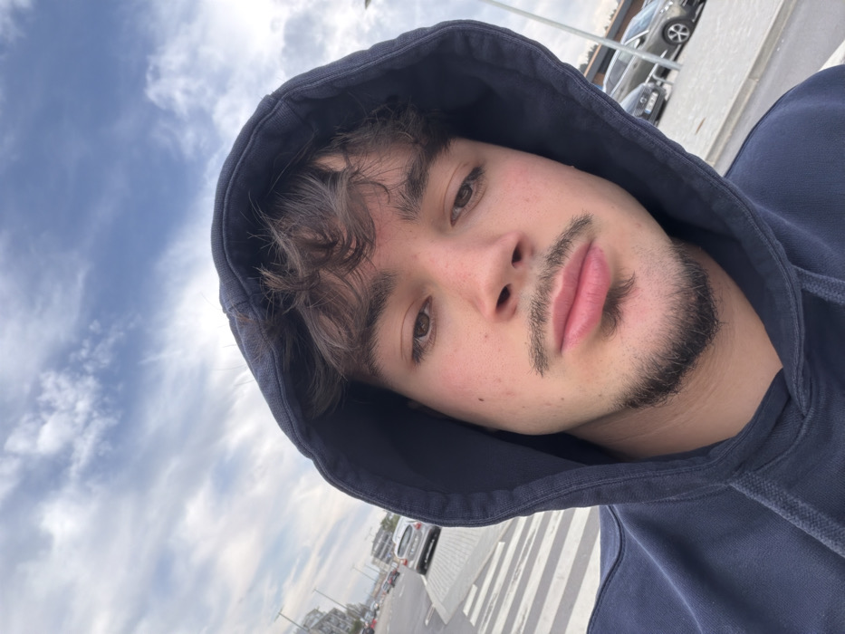 A young male, appearing to be in his late teens or early twenties, is depicted in a close-up, head-and-shoulders portrait shot, likely a selfie. He has brown, wavy hair partially covered by a dark blue hooded sweatshirt, which he is wearing with the hood up. His facial features include brown eyes, a mustache, and a goatee. His expression is neutral.
The background reveals an outdoor urban or suburban setting. The sky above is blue with scattered white clouds. To the left and behind the subject, a paved road or street is visible, featuring a white-striped pedestrian crossing in the immediate mid-ground. Several vehicles are present on the road and in a visible parking area to the right. These vehicles include a light-colored sedan and multiple darker cars. Structures consistent with buildings or commercial establishments line the street in the distance. A utility pole is partially visible on the right side of the frame. The scene is situated in the city of Felgueiras, Portugal.