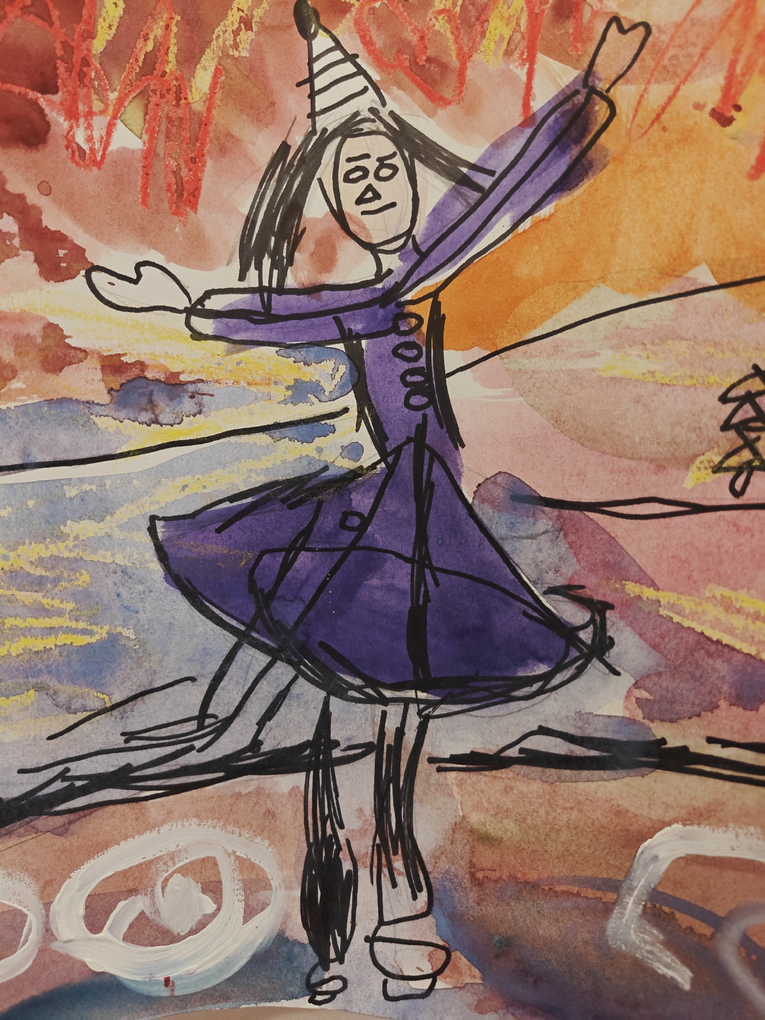 This is a close-up, slightly angled shot of a watercolor painting of a person in a purple dress and a striped hat. The background is a wash of colors including red, orange, yellow, blue, and pink. The person is drawn with thick black lines and appears to be dancing or posing with their arms outstretched. They have a simple, cartoonish face with two circles for eyes and a line for a mouth. The painting style is abstract and expressive. There is no discernible location within the city of Saint Petersburg, Russia, depicted in this artwork.