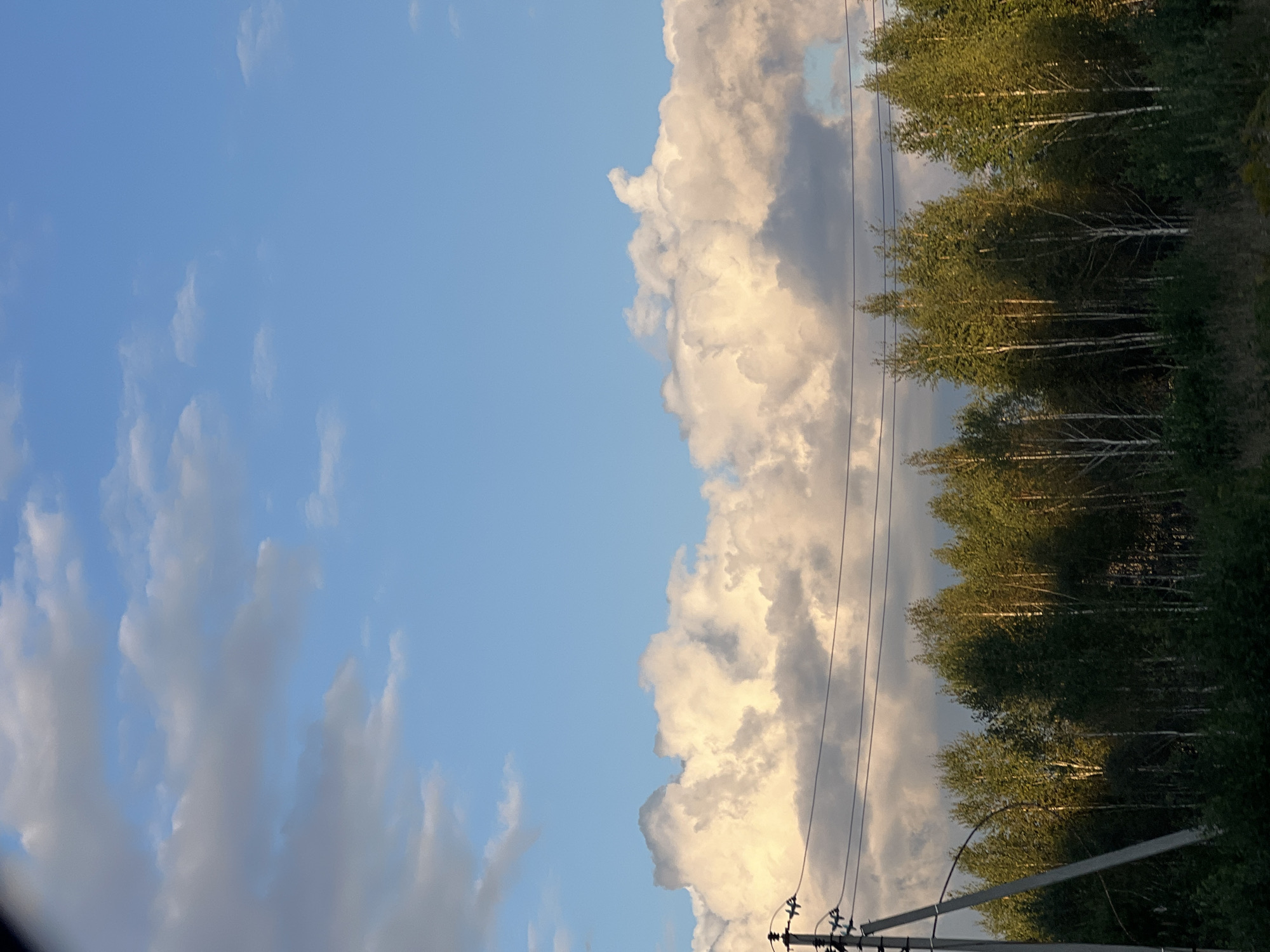 The image depicts a forest line with a power pole and wires in the foreground, set against a sky with fluffy, illuminated clouds. The trees are a mix of deciduous species, with some showing white bark, and they are dense, forming a dark green band across the lower part of the frame. The sky is a clear blue, with a prominent line of large, cumulus clouds that are brightly lit from above, suggesting either late afternoon or early morning sunlight. The power pole is concrete, with insulators and wires strung between it and other unseen structures. The scene appears to be an outdoor rural or semi-rural environment. The image is a vertical shot. It is not possible to determine the exact location in Ozernyi, Russia, from the visual information provided.