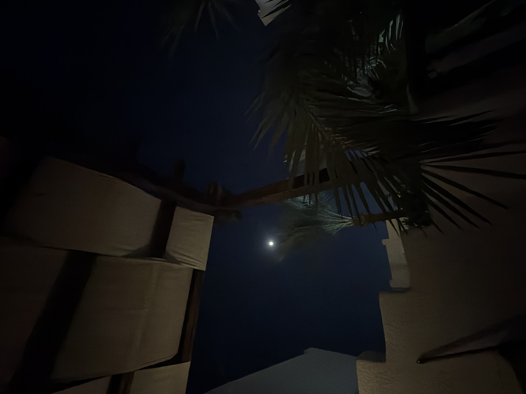 A nighttime outdoor scene in Sharm El Sheikh, Egypt, features a dark blue sky with a bright full moon visible. In the foreground, a portion of a thatched-roof structure with white fabric is present. To the right, the fronds of a palm tree are silhouetted against the sky. To the left, a textured, light-colored wall with angular architectural elements is partially visible. The overall impression is of a peaceful, nocturnal setting, likely at a resort or hotel.