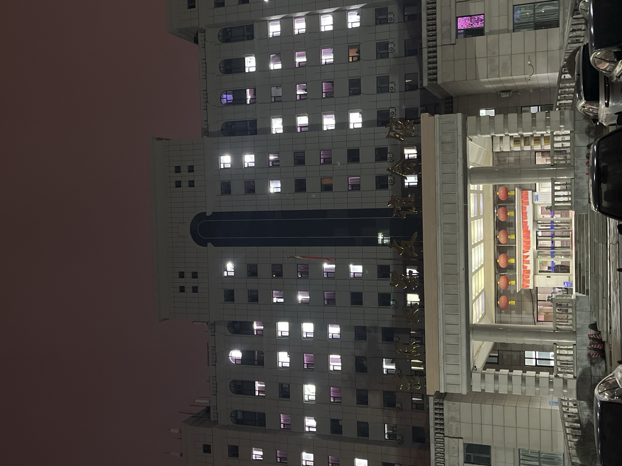 Here is a description of the image.
The image depicts a tall, multi-story building at night. It appears to be located in Changchun City, China. The building has a symmetrical facade with numerous windows, many of which are illuminated. Some windows appear purple. A dark, vertical section extends up the center of the building. A flag is visible near the building's midsection. The building is decorated with golden dragon sculptures along its front. An entrance area with columns is visible on the right side of the building, illuminated with artificial lights. Round red lanterns hang in front of the building's entrance. To the right, portions of vehicles are visible. The sky is a dusky pink.