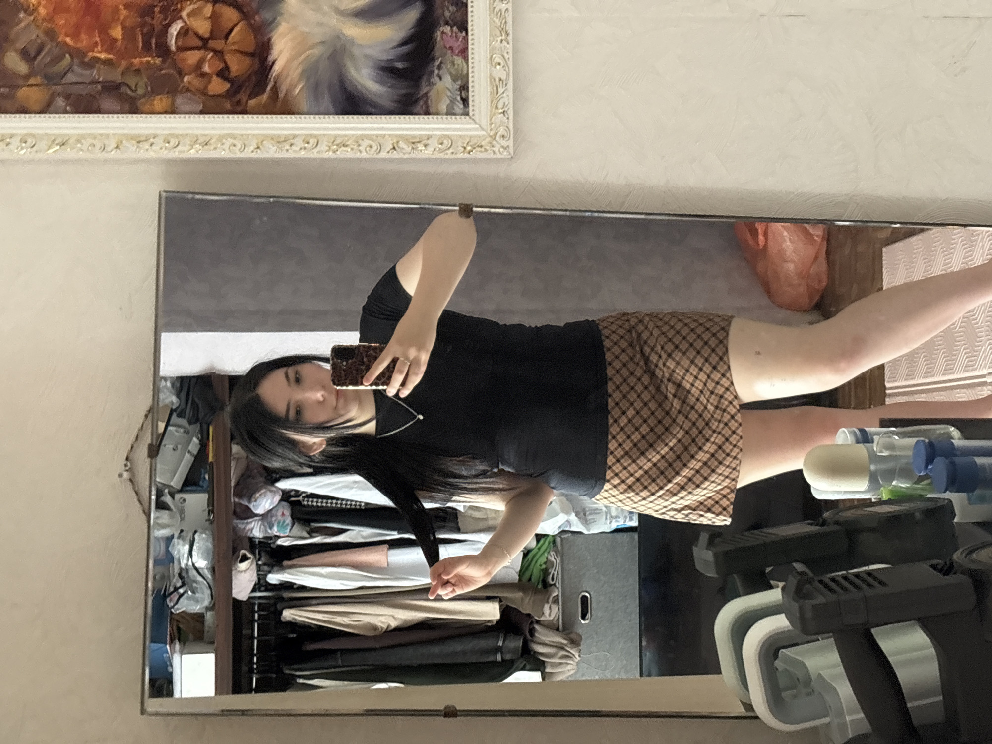 A person with long dark hair is taking a selfie in a mirror. The person is wearing a black shirt and a brown plaid skirt. A partially visible painting with a white frame hangs above the mirror. A closet filled with clothes is visible in the mirror. There is a gray storage box, hair products, and cleaning supplies on a shelf. An orange plastic bag is visible in the background. There is no information available to determine the location is Izhevsk, Russia.