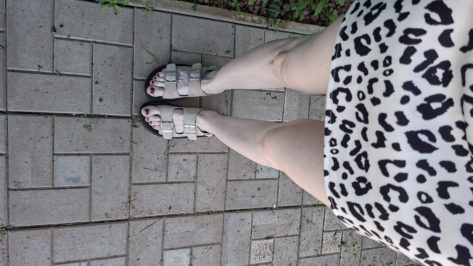 A high-angle view shows a woman standing on a gray-brick paved area. She is wearing light-colored sandals with silver buckles and black nail polish on her toes. Her dress or skirt features a black and white leopard print pattern. The area appears to be a walkway or patio with occasional small green plants growing between the bricks. The photo was taken in Большой Букор, Russia.
