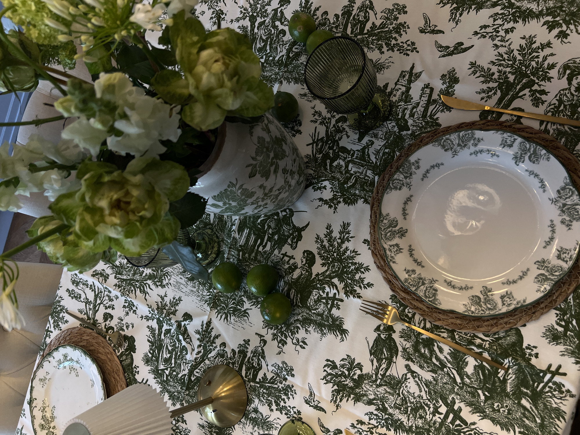 An elegantly set table is captured from a high-angle perspective, likely in Moscow, Russia. The table is adorned with a white tablecloth featuring a classic green toile de Jouy pattern, depicting intricate pastoral scenes with figures engaged in rural activities, trees, and birds.
A central arrangement consists of a lush bouquet of fresh white and light green flowers, possibly snapdragons and hellebores, housed in a white ceramic vase with a complementary green floral design. Several vibrant green limes are scattered across the tablecloth, adding a pop of color.
One complete place setting is visible on the right, comprising a round woven placemat, a white ceramic dinner plate with a delicate green floral rim, a golden fork, and a golden knife. A partial second place setting is visible in the bottom left corner. Two green-tinted, ribbed drinking glasses are also on the table. Portions of brass-colored lighting fixtures or candlesticks are seen, hinting at ambient lighting. The scene creates an impression of a carefully prepared, charming indoor meal or gathering, blending rustic elements with sophisticated decor. No visible text is present.