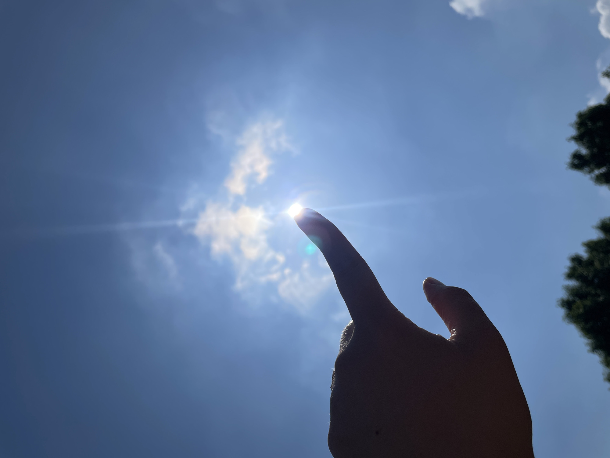 The image captures a low-angle perspective of a human hand pointing upwards towards a bright, sunny sky. The hand, specifically the index finger, appears to be "holding" or touching the sun, creating an optical illusion where the intense light source rests directly on the fingertip. The hand is silhouetted against the brilliant light, appearing dark brown, with some faint details of skin texture and possibly hair visible on the back of the hand and wrist.
The background consists of a clear, bright blue sky with scattered white clouds, particularly around the area of the sun. The sun itself is intensely bright, causing significant lens flare and creating star-like light rays that spread across the sky. The clouds are illuminated by the sun, appearing bright white. In the upper right corner, the dark green foliage of what appears to be a tree is visible, partially cropped, suggesting an outdoor setting.
The lighting indicates it is daytime, likely midday or early afternoon, given the sun's high position and intense brightness. The overall mood is one of brightness and perhaps a playful interaction with nature. There is no visible text in the image. The location is not identifiable beyond being outdoors with trees and a clear sky.