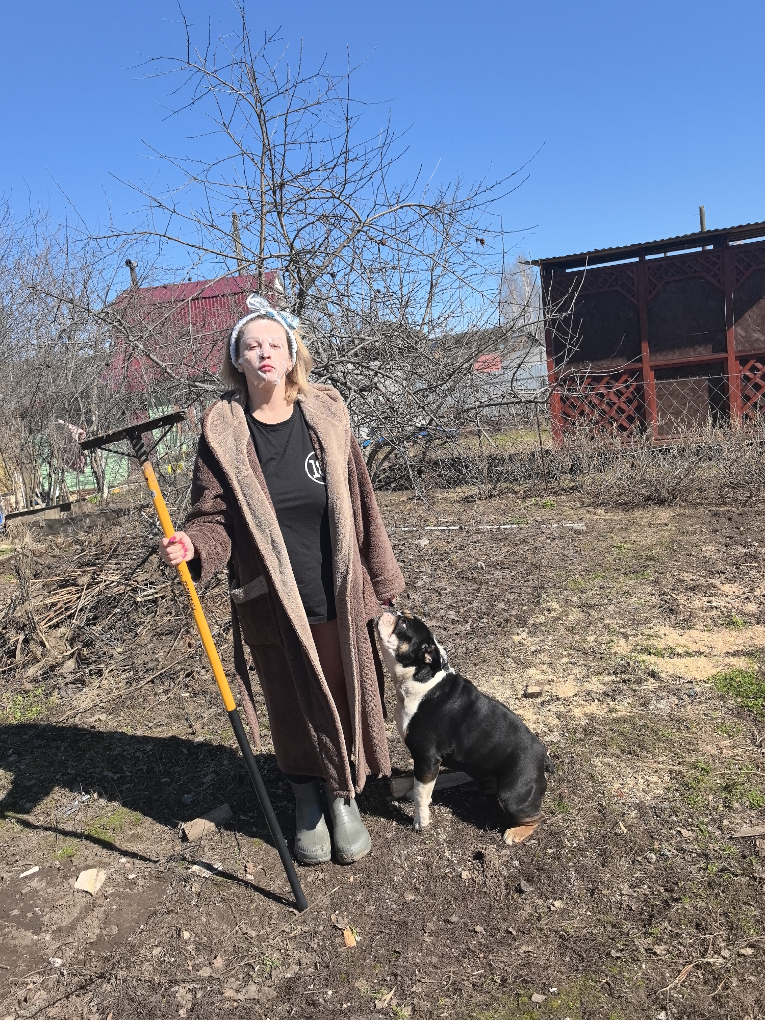 A woman stands in a yard in Noviy, Russia, holding a rake. She wears a brown robe, a black t-shirt, light blue bandana and gray boots. A black and white dog is next to her, facing her. In the background are bare trees, a red roof of a building, and a red structure. The ground is mostly dirt and dried grass.