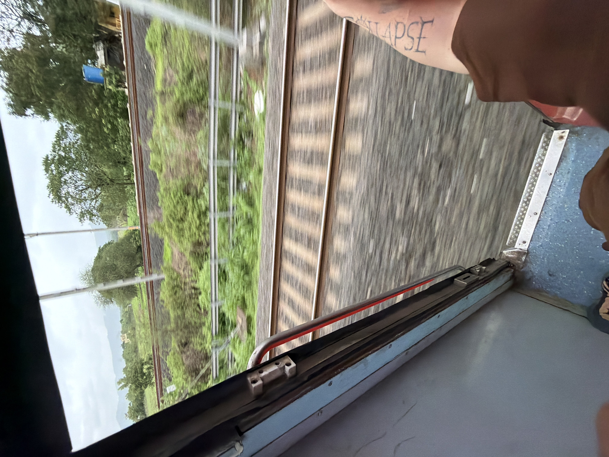 The image shows a view from a moving train, likely in the vicinity of Saphale, India, given the context. The perspective is from inside the train, looking out a doorway. The tracks of the train are visible in the foreground, blurred due to motion. Beyond the tracks, a lush green landscape with trees and distant hills can be seen under an overcast sky. A person's arm with a tattoo is in the lower right corner of the frame, indicating their presence in the scene. The interior of the train, including a door frame and a metal handle, is visible on the left side. The overall impression is of a journey through a rural or semi-rural area.