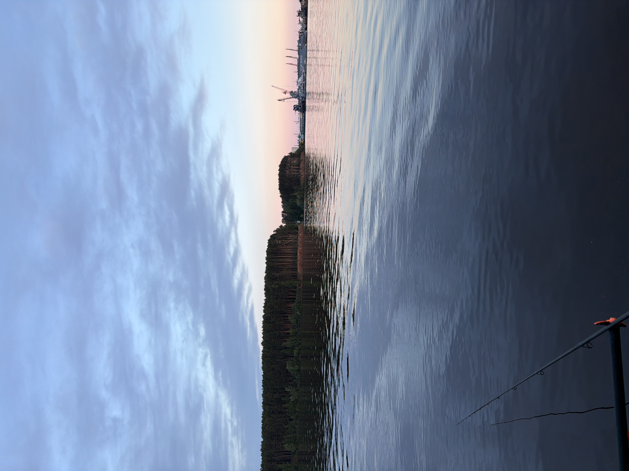 The image captures a serene waterscape at either sunrise or sunset, viewed from a low perspective. A vast body of water, likely a river or large lake, dominates the midground and foreground, exhibiting subtle ripples across its surface. The water reflects the soft colors of the sky, showing a gradient of muted blues, pinks, and oranges near the horizon, fading into deeper blues and grays closer to the viewer.
On the distant horizon, a dense line of dark green forest stretches across the frame, forming a clear boundary between the water and the sky. Beyond this forested bank, a bustling industrial area or port is visible. Numerous cranes, various buildings, and several large vessels or structures can be distinguished. Faintly visible on one of these distant structures is the text "BLUE SPEED."
The sky, occupying the upper portion of the image, features scattered, wispy clouds in shades of light blue and pale gray, transitioning to soft pink and orange hues closer to the horizon where it meets the distant land. The overall lighting suggests either early morning or late evening, contributing to the tranquil and calm atmosphere.
In the bottom right corner, a fishing rod extends out over the water, with its tip nearing the surface. This object implies the presence of a person engaged in fishing, although no individuals are visible within the frame. The scene is consistent with a riverside setting like Chaikovsky, Russia, with its combination of natural landscape and industrial river infrastructure.