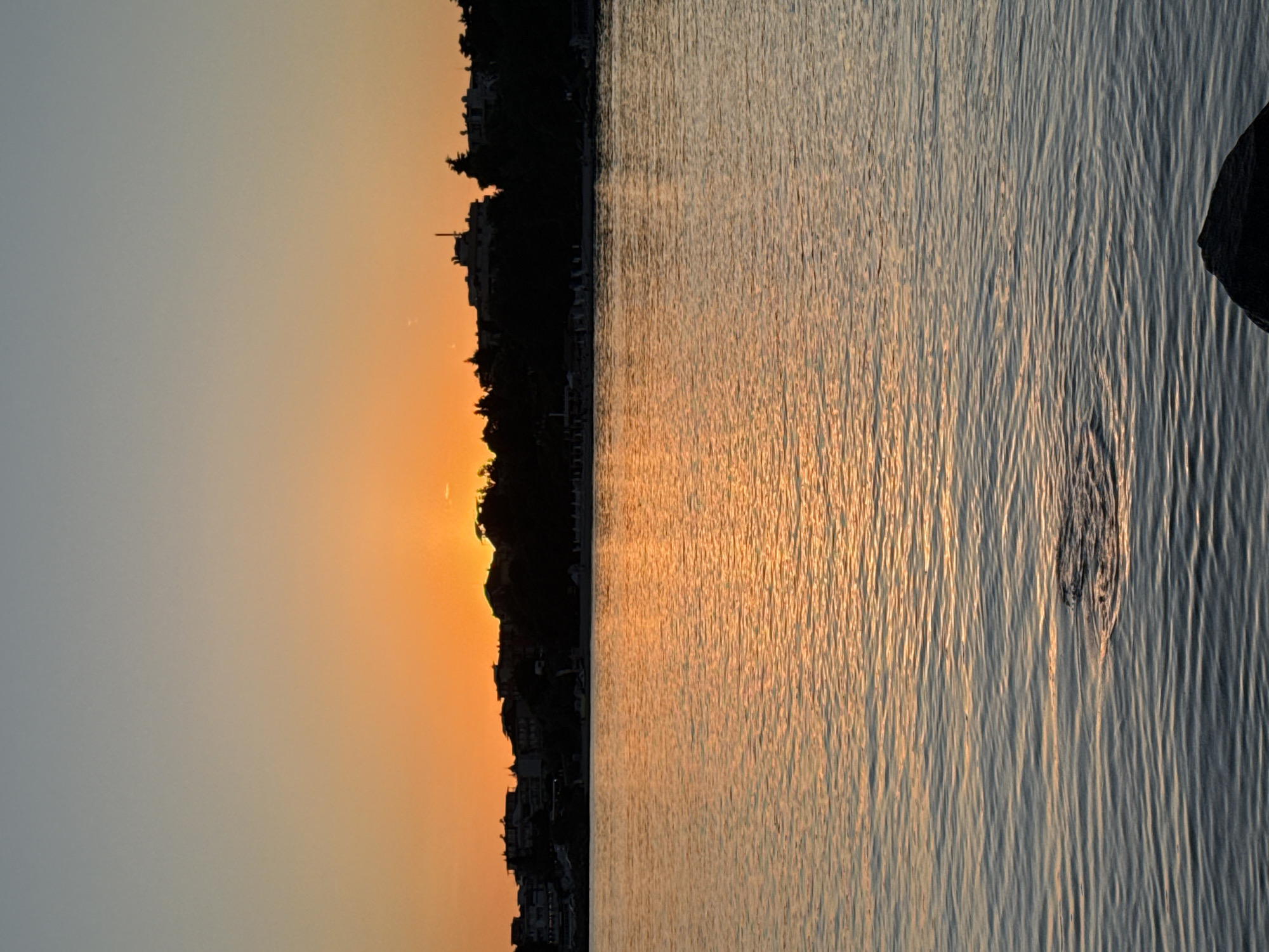 This is a vertical, full-frame shot of a sunset over the sea at the city of Nesebar, Bulgaria. The sky transitions from a pale blue at the top to a vibrant orange near the horizon. Silhouetted against the sunset is a thin, dark line of trees and buildings, likely the Old Town of Nesebar, with a tower visible on one of the structures. The sea in the foreground is calm, with ripples reflecting the orange and yellow hues of the sunset. The water is a gradient of blues and grays, with a dark rock visible in the lower right corner. A small disturbance in the water, possibly from a fish or bird, is present in the middle of the frame. There are no people visible in the image.
