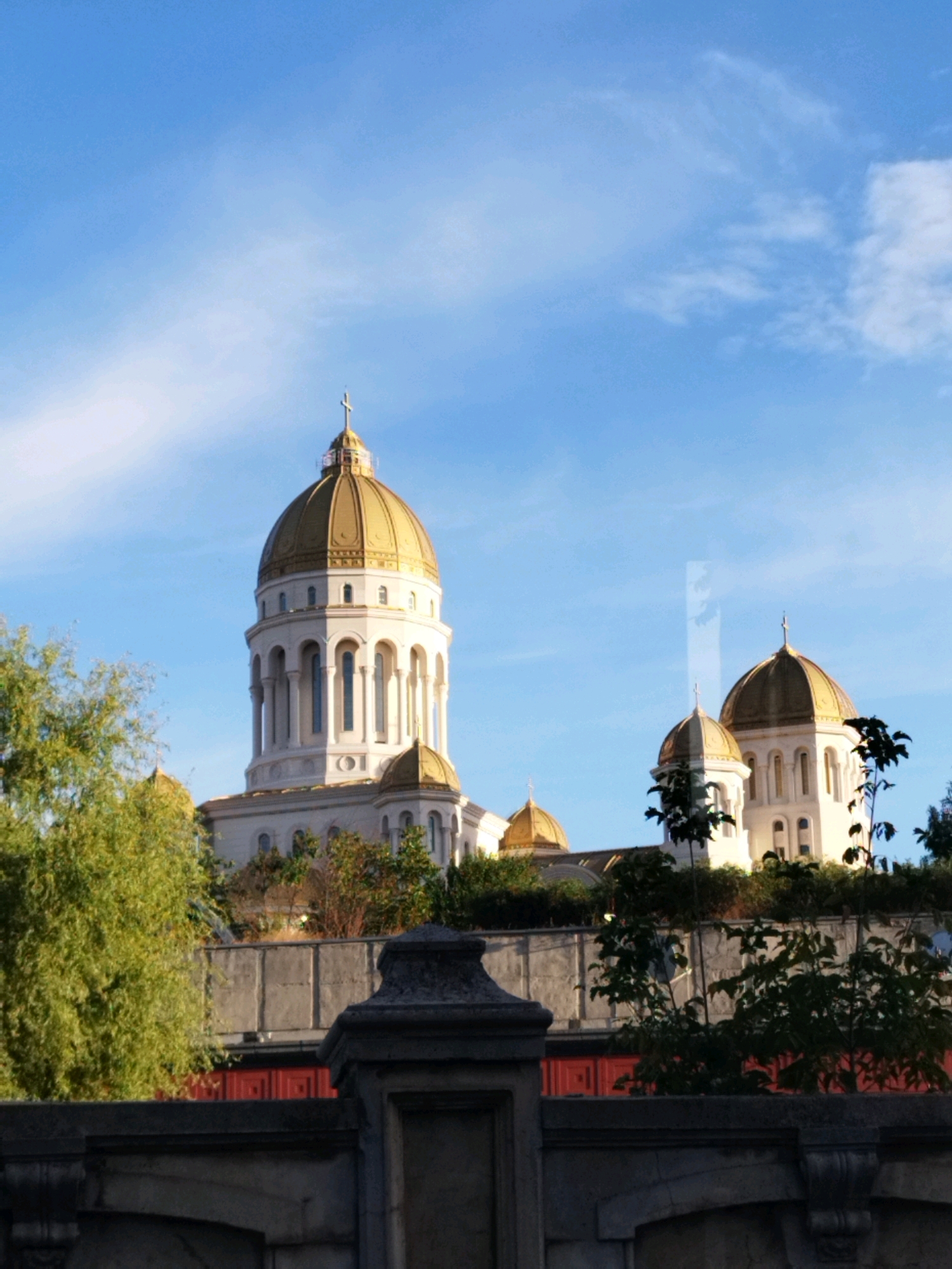 The image shows a view of the Romanian Orthodox Cathedral in Bucharest, Romania. The cathedral's white facade and golden domes are prominent against a bright blue sky with some scattered clouds. Lush green trees in the foreground partially obscure the lower portion of the building and a grey wall. The scene appears to be captured during daylight, likely in the late afternoon given the warm light. No people or animals are visible in the frame. The perspective is from a lower elevation, looking up at the structure.