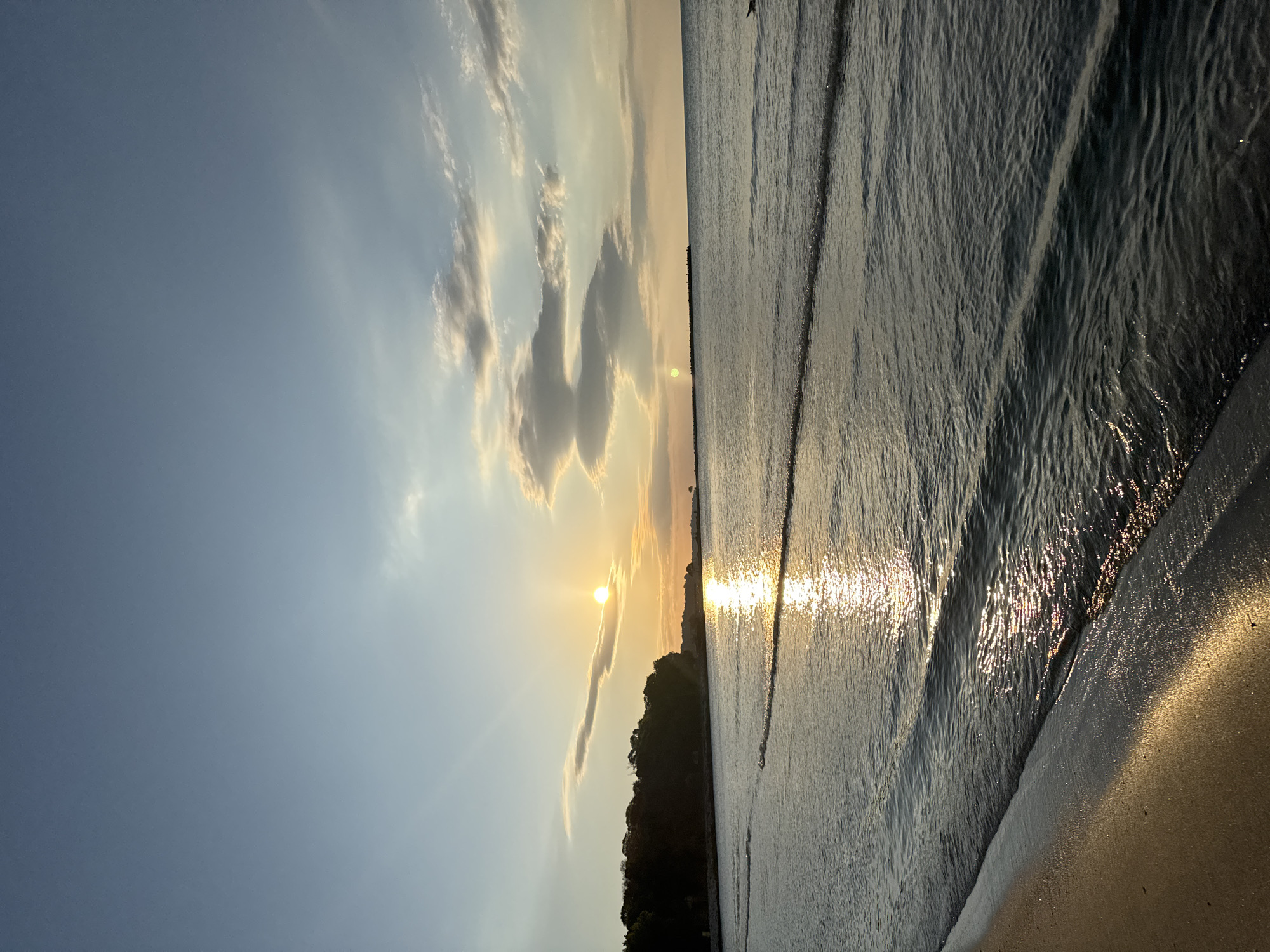 This is a photograph taken at a beach in the city of Varna, Bulgaria. The image captures a sunset scene with the sun positioned low in the sky. A small forest is partially visible between the sun and the horizon. Light clouds are scattered across the sky, with some appearing near the sun. The sea occupies a significant portion of the image, with sunlight reflecting off the water surface. The shoreline is in the foreground, with wet sand visible where the waves meet the shore.