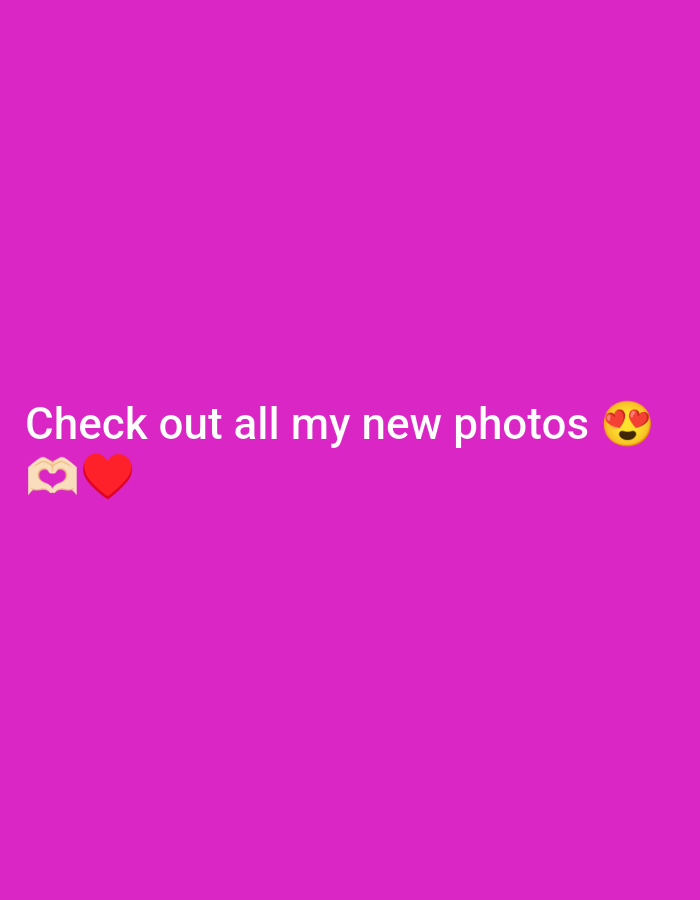 The image features a magenta background with the text "Check out all my new photos" accompanied by a loving face emoji, a love-you gesture emoji, and a red heart emoji. There is no indication of any specific location in Juan Griego, Venezuela, or any other location. The image contains no people, subjects, objects, actions, interactions, or details of an environment other than the color and text.