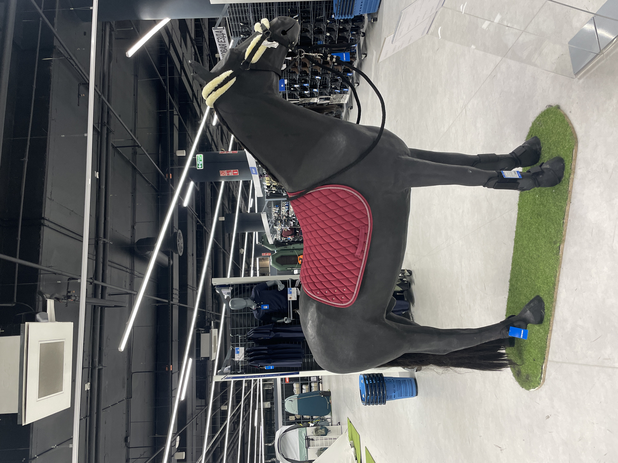 The image depicts a black horse mannequin with a red saddle inside a store. The mannequin is standing on a rectangular green patch resembling grass. The surrounding environment suggests a retail space, likely a department store, with visible product displays and overhead lighting. The store is in Khimki, Russia.