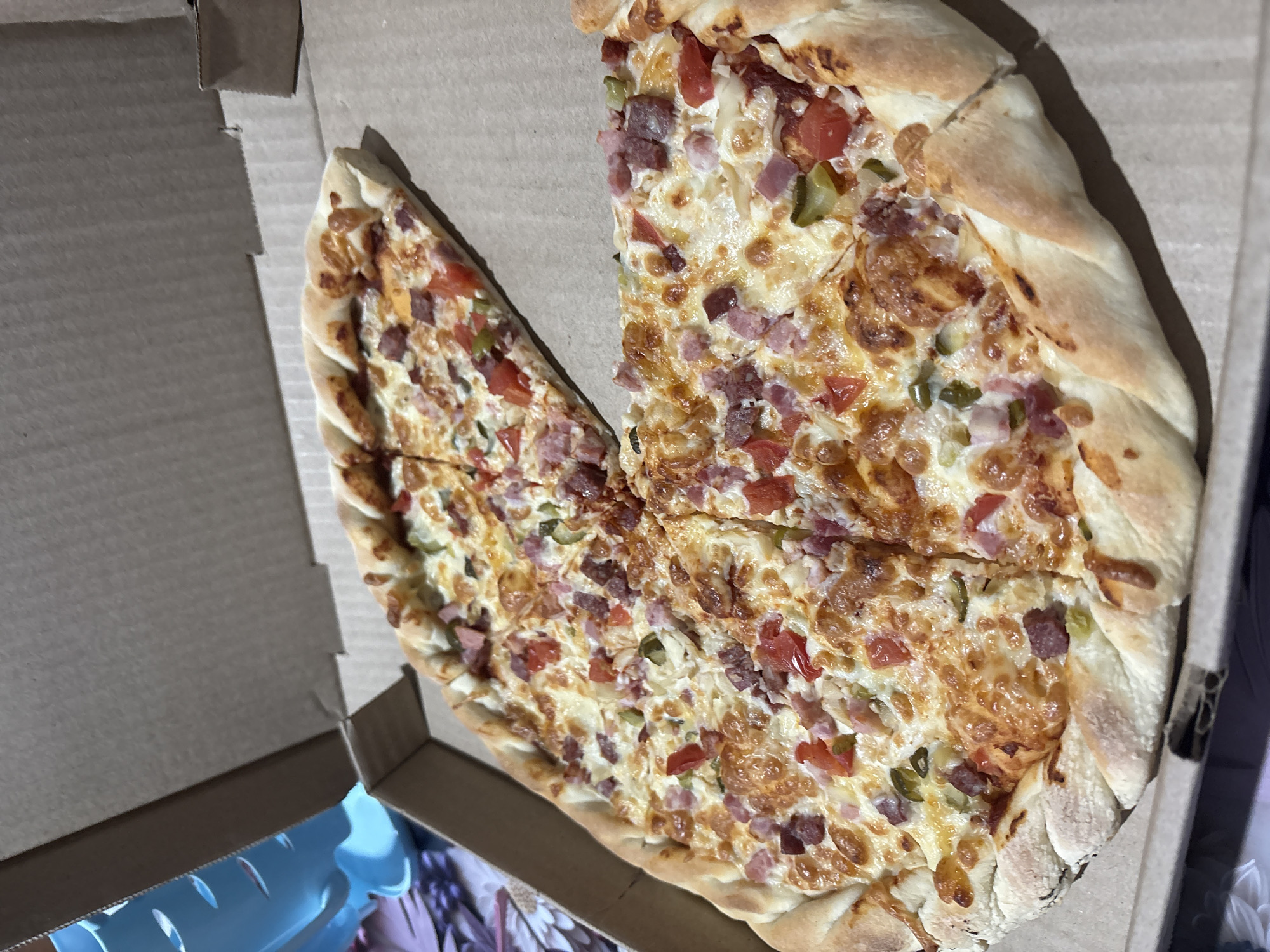 The image displays a close-up, top-down view of a round pizza resting inside an open, light brown cardboard pizza box. One slice of the pizza has been removed, creating a distinct wedge-shaped void.
The pizza itself features a thick, textured crust, possibly braided or stuffed, forming a substantial border around the toppings. The surface is covered with melted cheese, which exhibits varying shades of golden-brown and bubbling, indicating it has been recently baked. Distributed generously over the cheese are various toppings, including small diced pieces of red meat (resembling ham or salami), brightly diced red tomatoes, and small diced green pieces that appear to be bell peppers or pickles. Some scattered diced red onion pieces might also be present.
The pizza box is made of standard corrugated cardboard, and its lid is open and folded back, casting a slight shadow. The lighting is soft and even, suggesting an indoor setting, likely under artificial light. In the lower right corner, beneath the box, a blurred glimpse of a patterned surface, possibly a blanket or tablecloth, is visible. No text is discernible on the pizza or the box. The scene implies the pizza is either freshly served or about to be consumed.