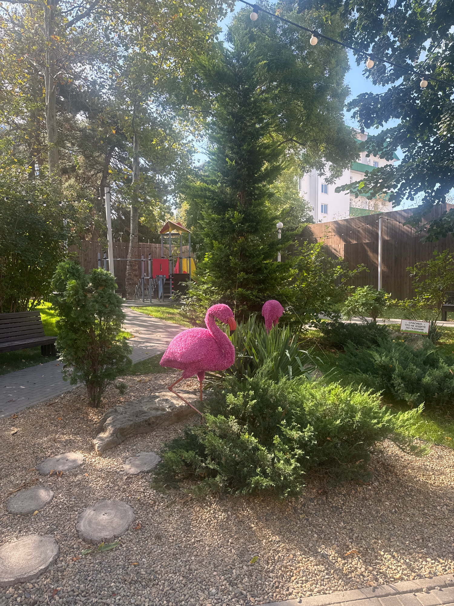 The image shows a decorative pink flamingo sculpture on a stone-covered pathway in a park-like setting. The flamingo is situated amongst lush green bushes and plants. In the background, there is a children's playground with colorful equipment and a multi-story building. The scene appears to be in a sunny outdoor environment, likely during the daytime, with shadows cast by trees and structures. This park is located in Anapa, Russia.