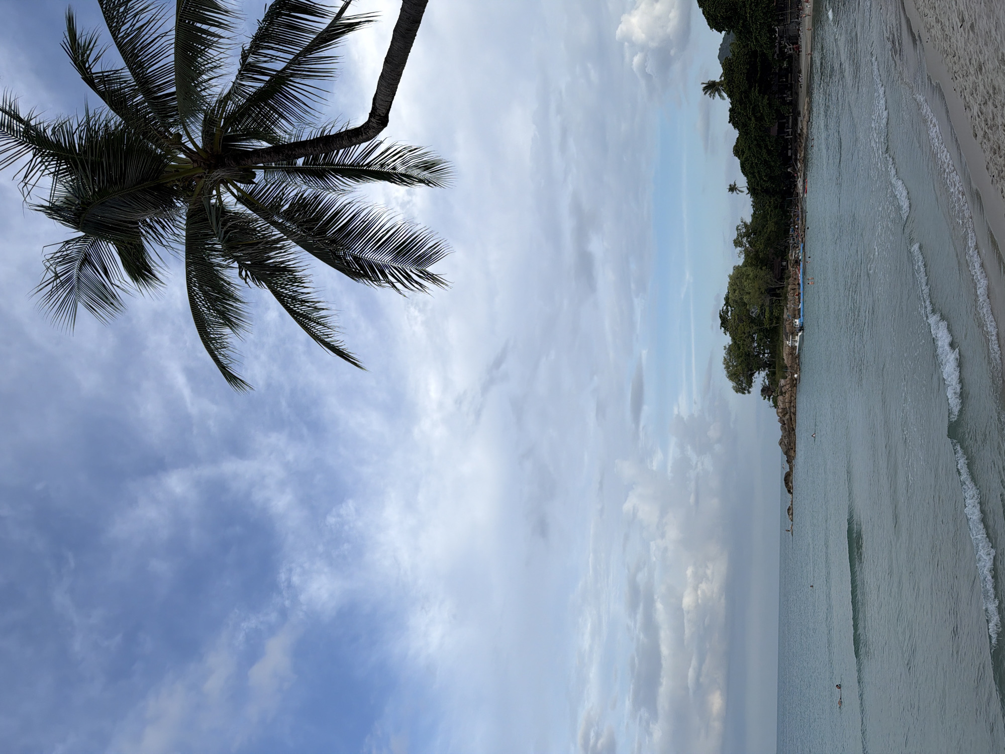 A vertical, eye-level shot captures a serene beach scene on the island of Ko Samui, Thailand. Dominating the upper right quadrant, a portion of a leaning palm tree extends into the frame, its dark green fronds silhouetted against a sky filled with scattered, light gray clouds against a pale blue expanse.
The middle ground reveals a calm, turquoise ocean with gentle waves lapping at the sandy shore. Several individuals are visible in the water: one person swims to the left of the frame, another appears to be wading near a cluster of rocks, and two more are seen further out in the sea. In the distance, along the coastline, lush green trees form a dense treeline, interspersed with glimpses of buildings and a few boats. The beach itself is composed of light-colored sand, with small waves creating white foam as they reach the shore in the foreground. The overall atmosphere is peaceful and tropical.