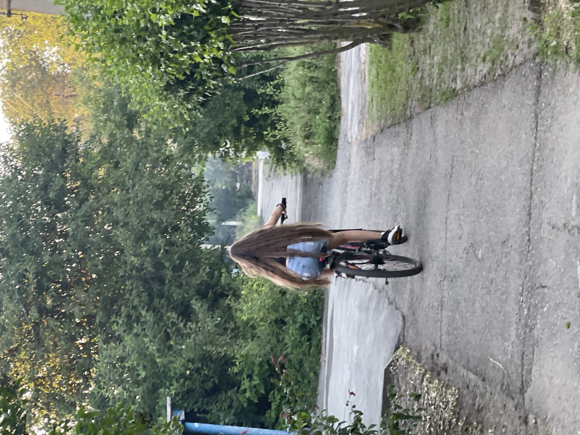 A person with very long, blonde hair rides a bicycle down a paved path lined with trees and greenery. The person is wearing denim shorts and athletic shoes. The bike is black with red accents. The sun appears to be setting, casting a warm light on the scene. The path is made of concrete and looks somewhat worn. Lush green trees and foliage flank the path, with some branches extending over it, creating a dappled light effect. In the distance, the path continues, disappearing around a bend. The overall atmosphere is peaceful and serene, suggesting a leisurely ride on a pleasant day. The location context of Donskoye, Russia, provides a general understanding of the geographical setting, implying a rural or suburban environment characterized by natural landscapes. No visible text is present in the image.