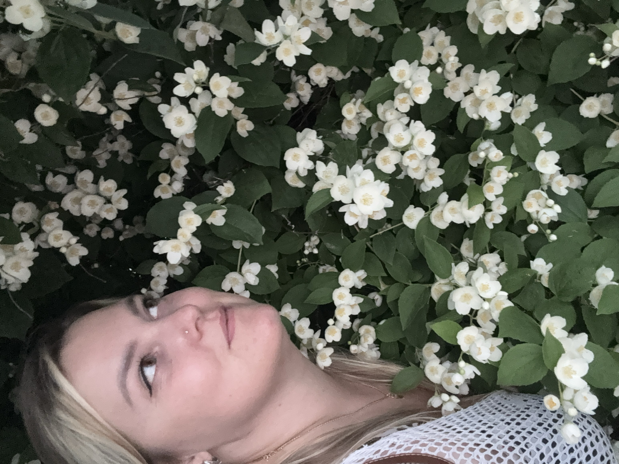 A medium shot captures a woman with blonde hair and a white mesh shirt posing in front of a dense bush of white jasmine flowers and green leaves. The woman is positioned on the left side of the frame, looking to her right with a slight smile. She is wearing a nose ring and a delicate necklace. The jasmine bush fills the majority of the image, with its white blossoms and dark green foliage creating a natural backdrop. The scene appears to be outdoors, likely in a park or garden, possibly in the city of Chaikovsky, Russia, given the context of the prompt.