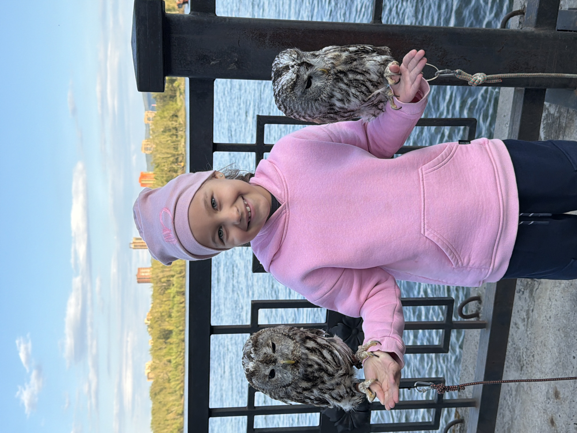 A young girl in a pink hooded sweatshirt and matching hat stands on a pier, each hand holding an owl tethered by a line and clip. She is smiling at the camera. The owls are mostly gray and white with striped markings, and they have dark eyes. A metal railing is visible in the foreground, with a body of water and the opposite shore in the background. Based on details such as the architectural style of buildings and the landscape, the location may be the city of Krasnoyarsk, Russia.