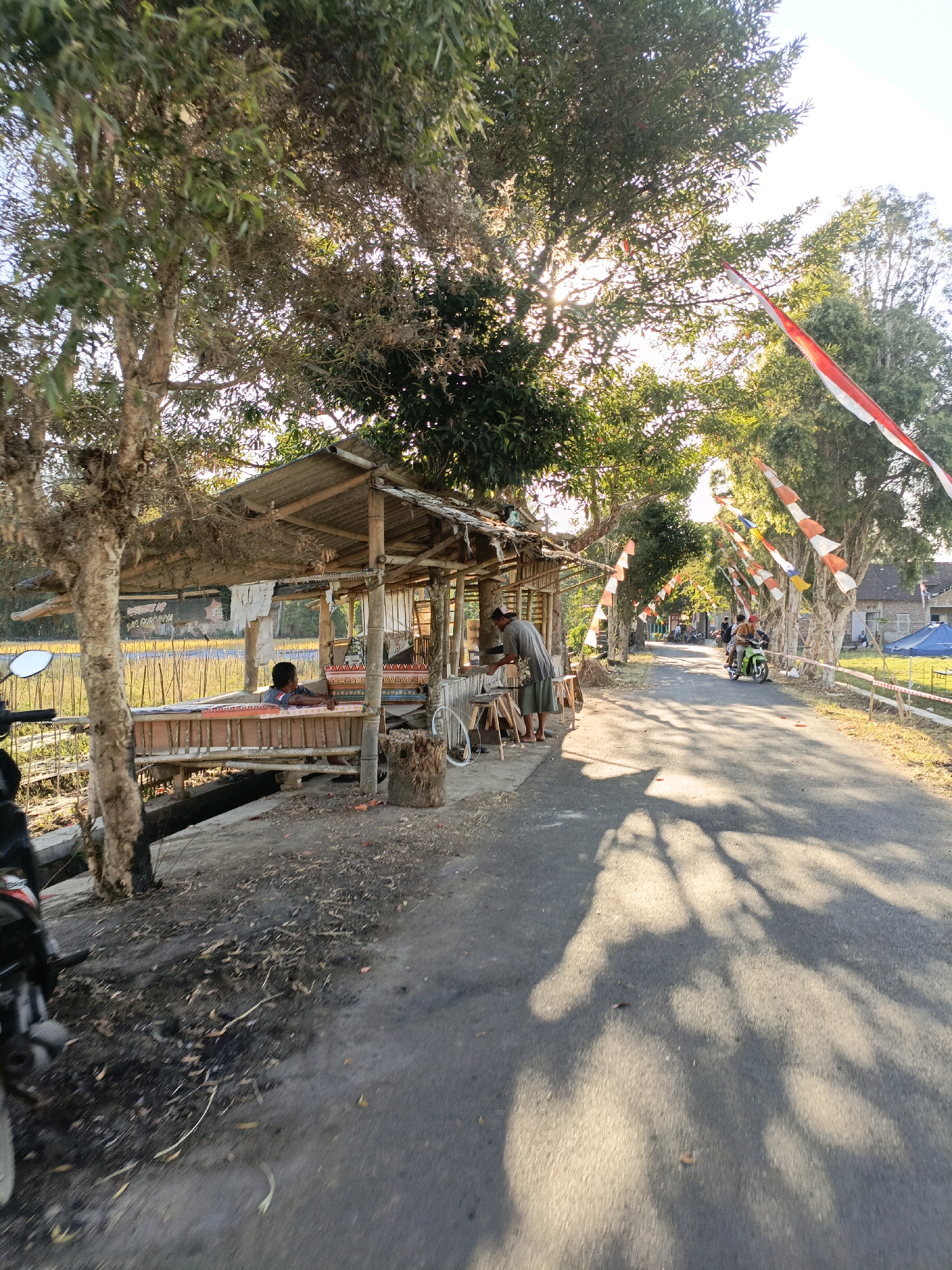 The image depicts a roadside scene in Rowosari, Indonesia, likely during daytime given the strong sunlight casting shadows. In the foreground, a rustic wooden stall with a corrugated metal roof is situated next to a paved road. A person, dressed in a gray shirt and pants, is seen standing at the stall, seemingly interacting with its contents. To the left of the stall, a young person in a blue and red striped shirt is seated on a raised wooden platform within the stall. A motorcycle is partially visible on the left edge of the frame, indicating its presence near the stall.
The road extends into the distance, lined with trees that have red and white triangular flags strung between them, suggesting a festive occasion or national celebration. Further down the road, another stall or structure with a blue tent is visible. A green motorcycle with two riders is also seen on the road, heading away from the viewer. The environment suggests a semi-rural or suburban setting, with a field of dry grass or crops visible behind the stall. The overall impression is one of a lively local event or market day.