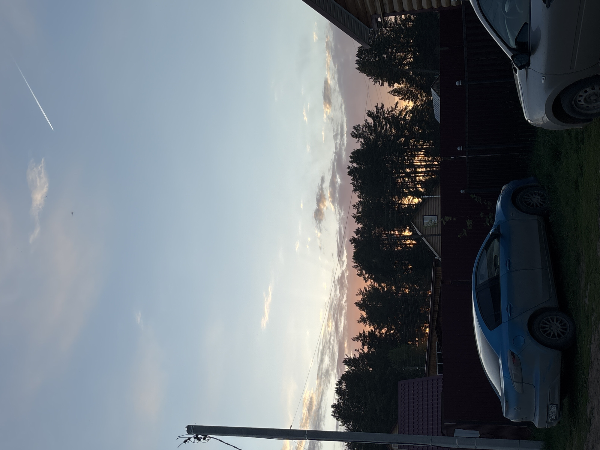 The image presents a view of the sky transitioning from pale blue to a golden-pink hue at sunset, partially obscured by dark silhouette of dense trees. On the right side of the frame, there are partially visible cars. A blue car and a light-colored car are parked on the side. In the lower left, there is a utility pole with attached lines. A jet contrail stretches across the top left portion of the sky. The location appears to be Rusalevka, Russia. The context is residential.