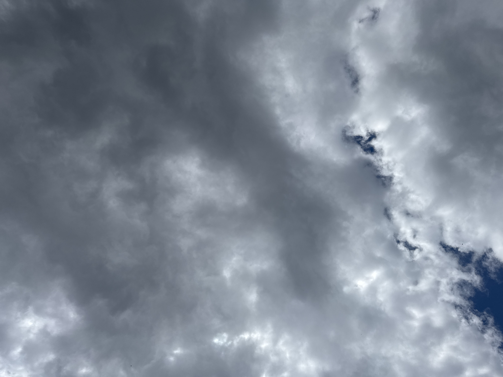 The image shows a sky filled with heavy, dark gray clouds. There are occasional patches of blue sky visible through breaks in the cloud cover. The image does not contain enough visual information to confirm it was taken in Graf Ignatievo, Bulgaria, and it does not contain people, subjects, objects, actions, or interactions. The scene is dominated by the cloudscape.
