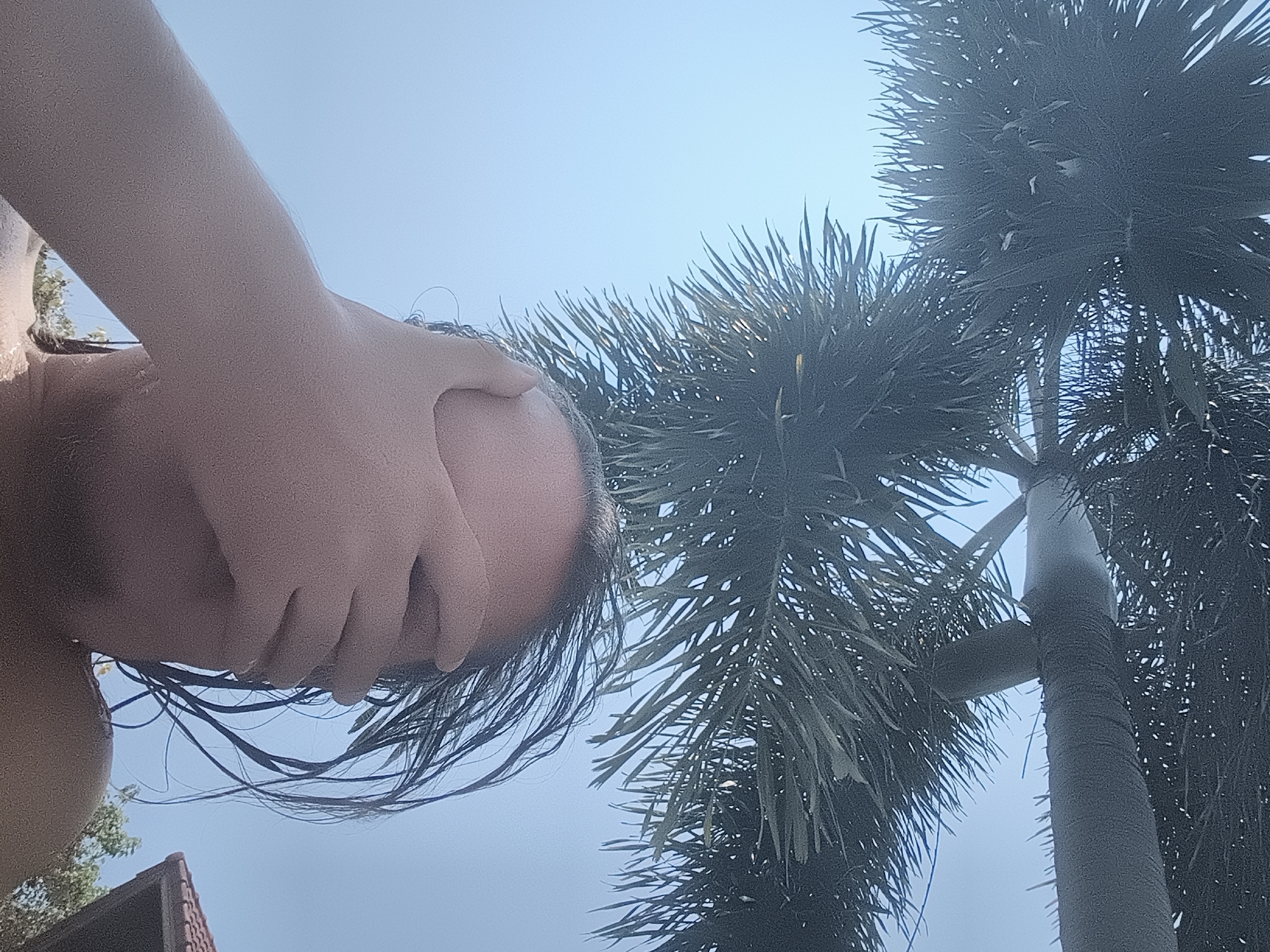 The image is taken from a low angle, looking up at a person who is holding their hand over their face. The person appears to be wet. The background includes a tall palm tree and a bright blue sky. The location is likely บ้านบางรักษ์, Thailand, suggested by the tropical flora. A partial view of a building roof can be seen on the left.