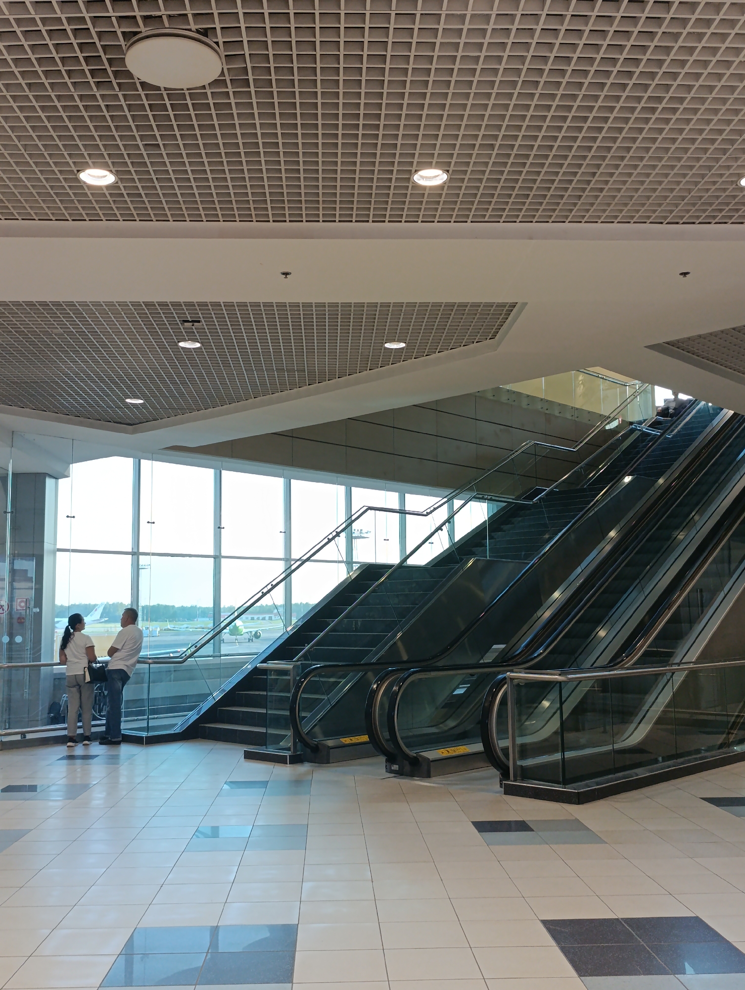 The image shows an interior view of an airport terminal at Domodedovo Airport in Russia. Two people, a woman and a man, are standing by a large window overlooking an airport tarmac where airplanes are visible. There are escalators and a staircase in the foreground, constructed with metal and glass railings. The ceiling is a grid of acoustic tiles with recessed lighting fixtures. The floor is tiled with a pattern of light and dark squares. The scene appears to be a transit area within the airport, likely a departure or arrival hall.