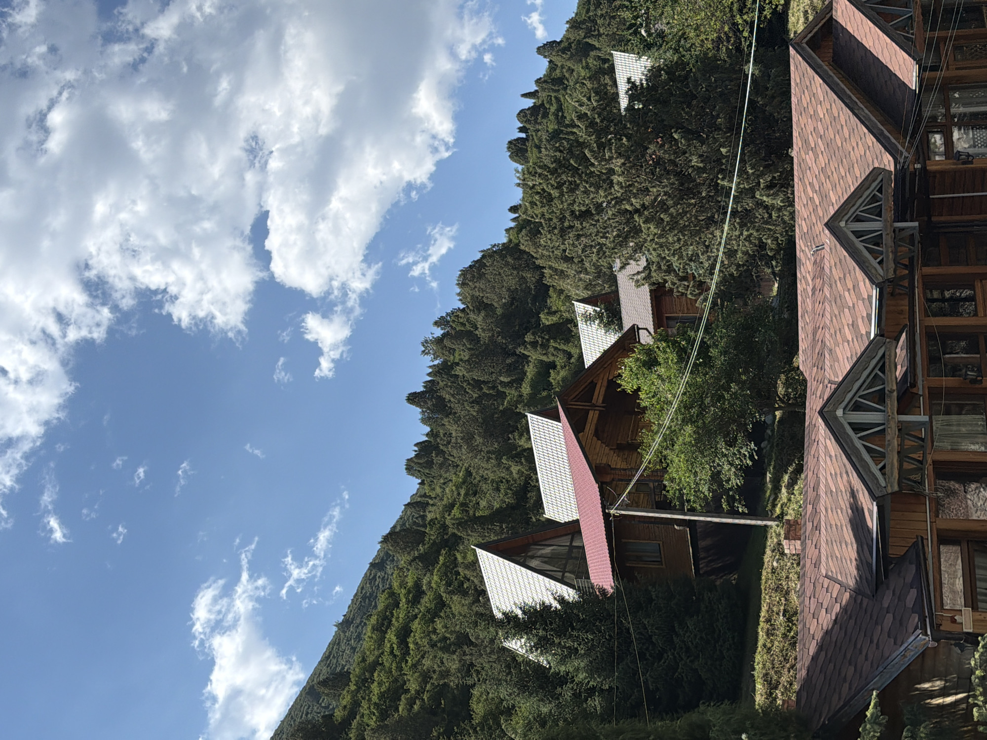 A scene with wooden buildings nestled into a forested hillside under a bright blue sky with scattered white clouds. The buildings have a rustic architectural style, with visible wood siding and pitched roofs covered in shingles. The vegetation is dense, with numerous evergreen trees and some deciduous trees. The ground on the hillside is covered with a mix of grass and trees. The foreground features the roof of another wooden building, also with a shingled roof. The overall impression is one of a tranquil, natural setting, possibly a resort or a secluded residential area.