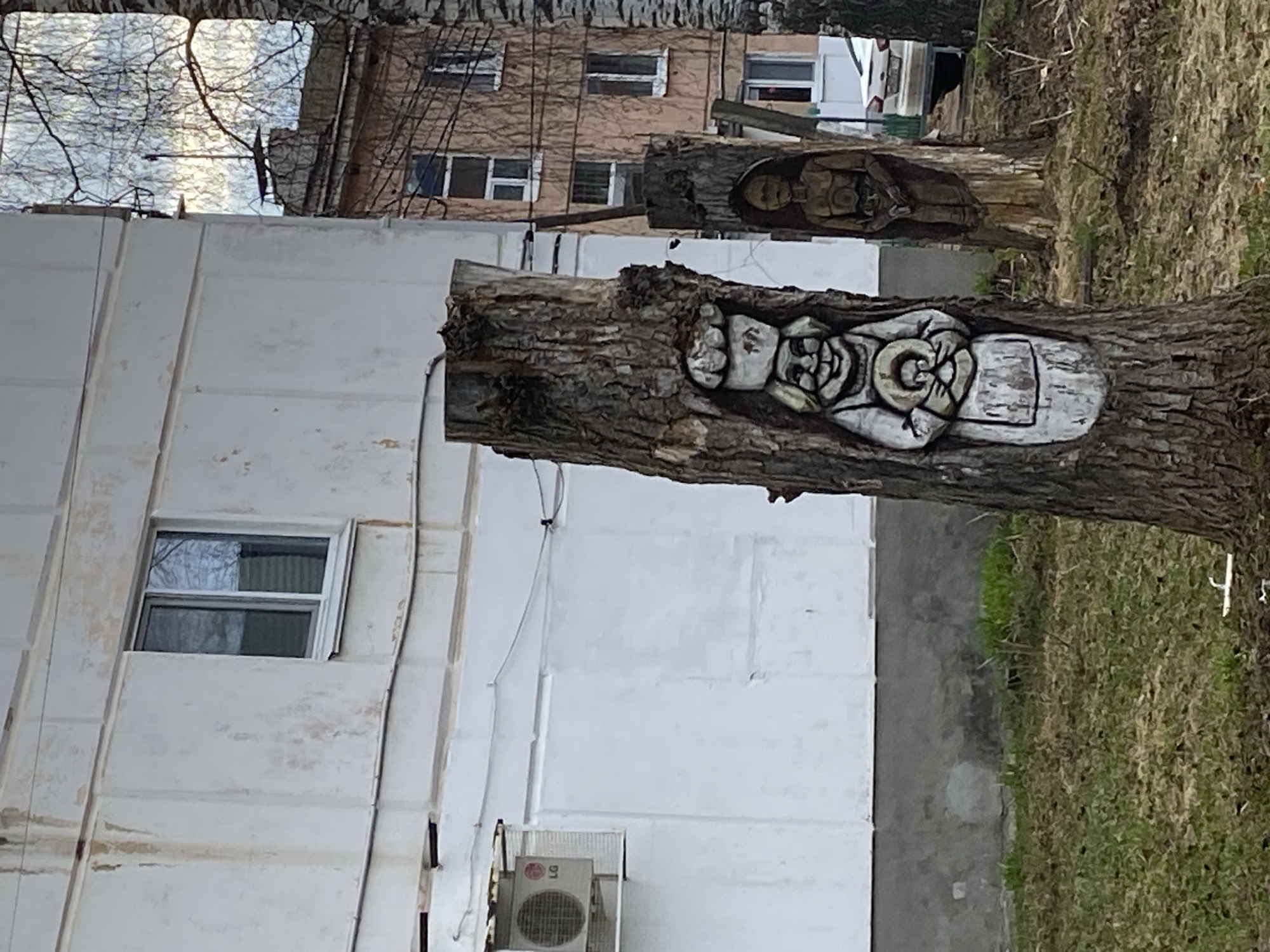 The image shows a residential area, likely in a city, with a focus on carved tree trunks. Specifically, it appears to be in Chaikovsky, Russia, based on the commonality of such carvings in the region.
In the foreground, the most prominent feature is a section of a tree trunk with a carved and painted image of a person holding a round object, possibly food or a tool. The carving is detailed and has been painted white, with black outlines to emphasize the features. Behind it, another tree trunk exhibits a similar carving, although the details are less distinct in the image.
To the left of the tree trunks, there is a multi-story apartment building with peeling paint. An air conditioning unit is visible mounted on the wall. A window with a reflection can be seen.
The ground is covered in grass. Above the building, branches of trees are visible against a cloudy sky. In the background, there's another building with windows and a light-colored structure on top. The photograph appears to have been taken during the day.