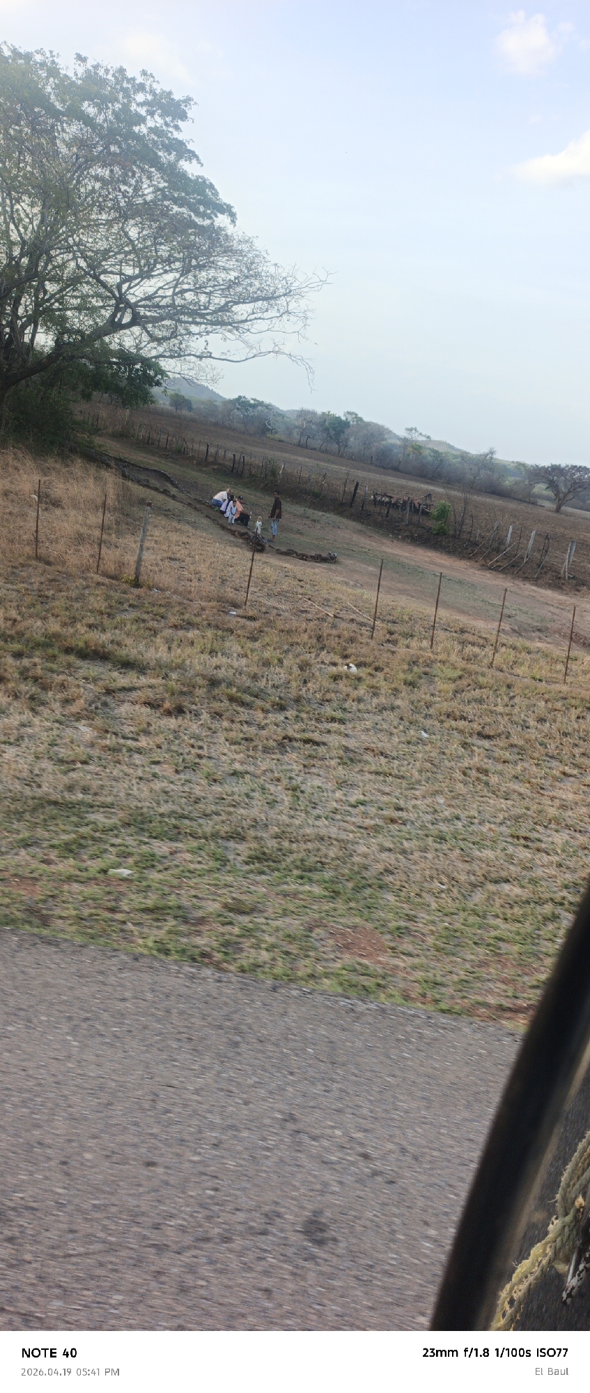 The image depicts a rural landscape, likely in La Cruz, Venezuela, based on the EXIF "El Baul," which could refer to "El Baúl," a locality near La Cruz. A group of people, including at least one child, is gathered in the mid-ground. They are situated on a grassy slope dotted with sparse vegetation. A rough fence line with wooden posts runs diagonally across the slope, separating the foreground from the area where the people are located. The foreground shows a partial view of what appears to be a paved road and the interior of a vehicle, possibly indicating the photo was taken from inside a car. A large tree with many branches frames the upper left corner of the image. The sky is overcast.
