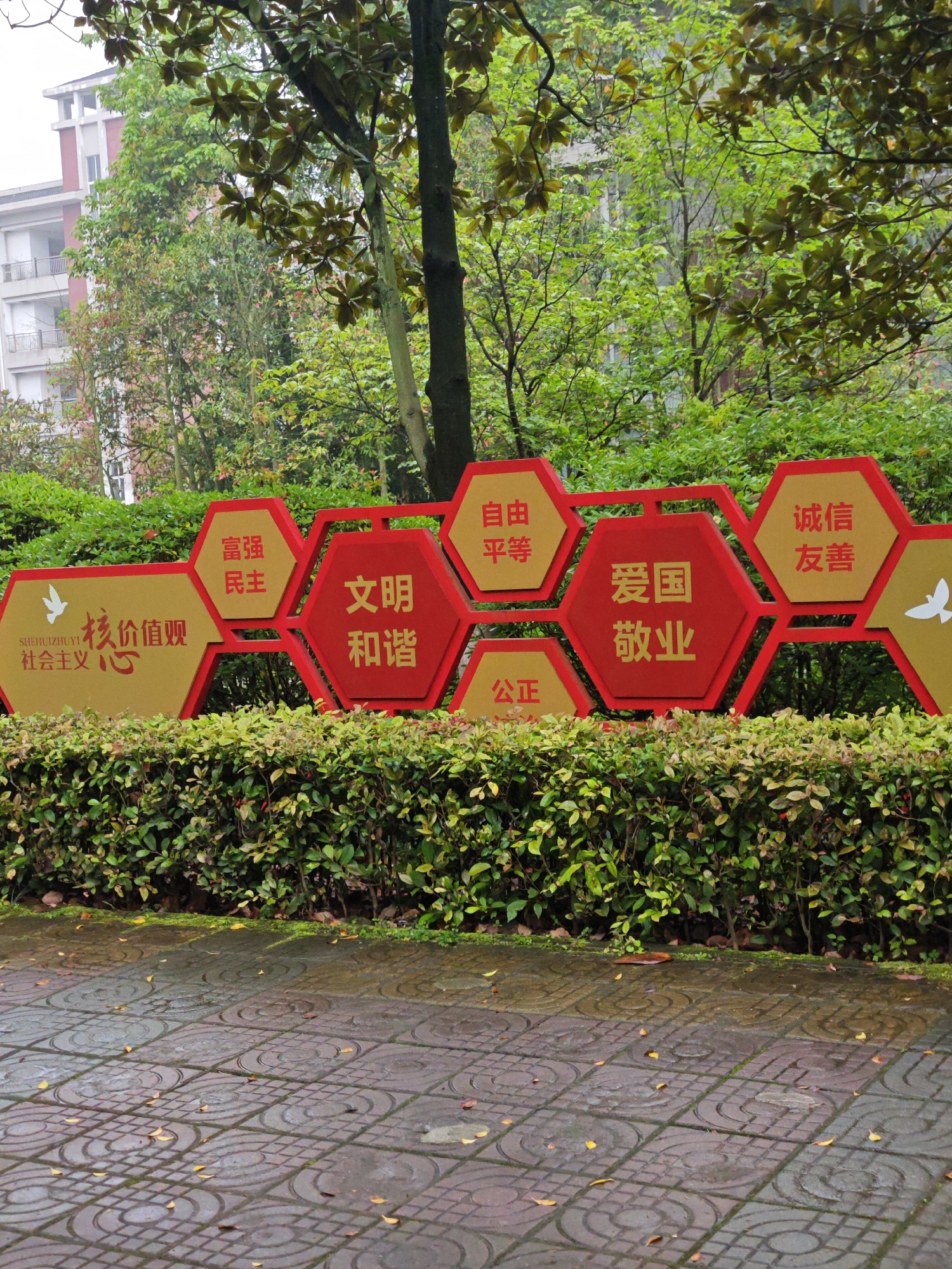 Here is a detailed description of the image:
**Scene**: The image presents a public display in what appears to be a park or garden setting in Chongqing High-tech Zone, China.
**Objects**:
* **Signage**: The central focus is a series of connected hexagonal signs with red and yellow coloration. The signs contain Chinese text. The red signs are labeled “civilization” and “harmonious.” The yellow signs are labelled with political concepts. The signs are placed behind a row of bushes.
* **Vegetation**: A dense hedge of green shrubbery runs along the base of the sign. Trees with lush green foliage are visible in the background, contributing to a garden-like atmosphere.
* **Paving**: A gray stone pathway with patterned tiles is in the foreground, suggesting a pedestrian area.
**Environment**: The lighting suggests an overcast or possibly rainy day, contributing to a slightly muted color palette. The image appears to be captured outdoors in a urban landscaped environment.