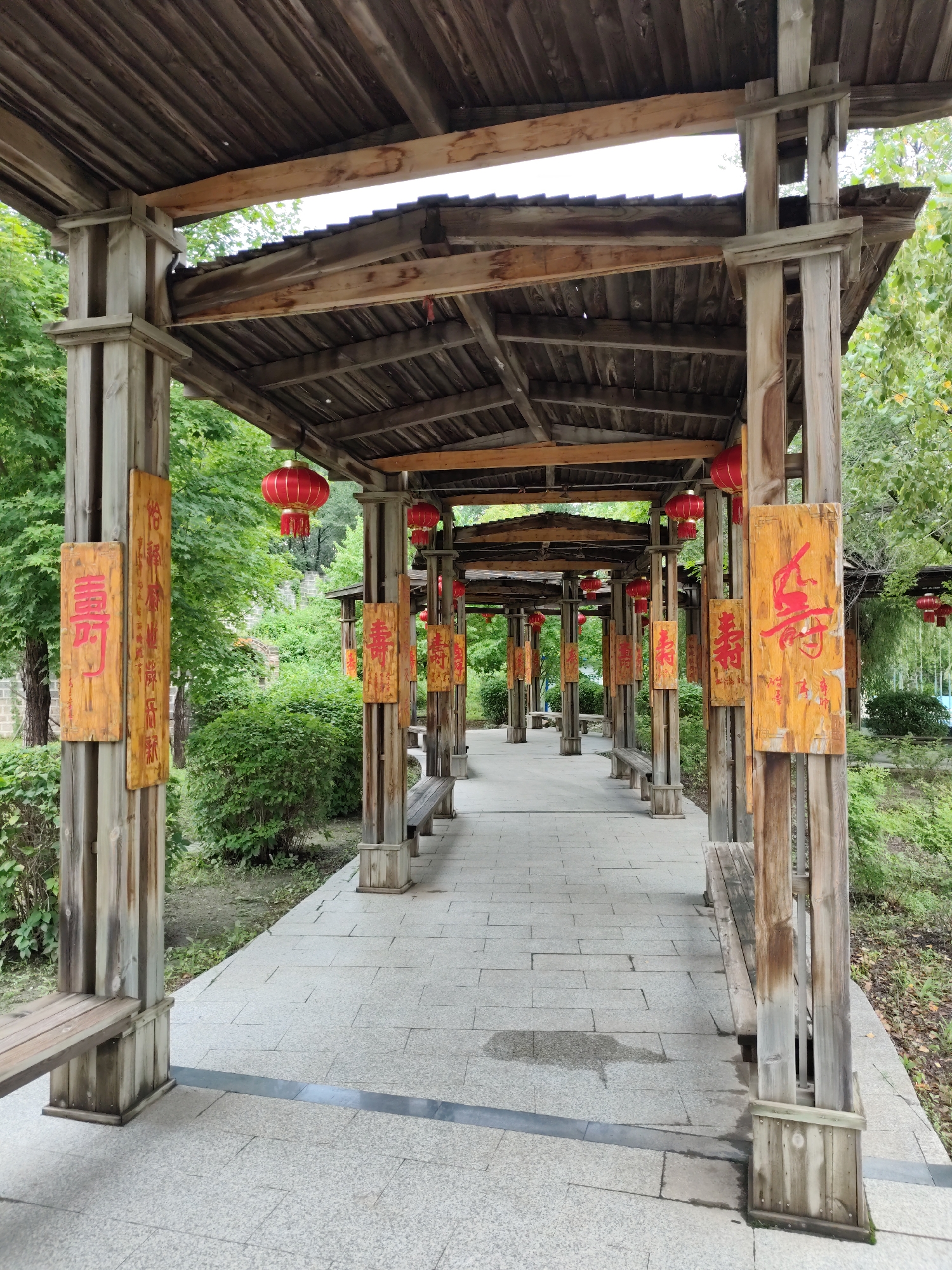 This is a full shot of a covered walkway with a rustic wooden structure. The walkway is paved with stone tiles. Along both sides of the walkway are wooden benches. The roof of the walkway is made of wooden planks. Red lanterns are hanging from the roof at intervals. Attached to the wooden support posts of the walkway are rectangular wooden plaques with red Chinese calligraphy. The walkway is flanked by lush green trees and bushes. The scene is set in an outdoor environment, possibly a park or a scenic area. The presence of Chinese calligraphy and lanterns suggests a location in China. The specific location is the Wuyuan Folk Museum, located in Wuyuan County, Jiangxi Province, China.
