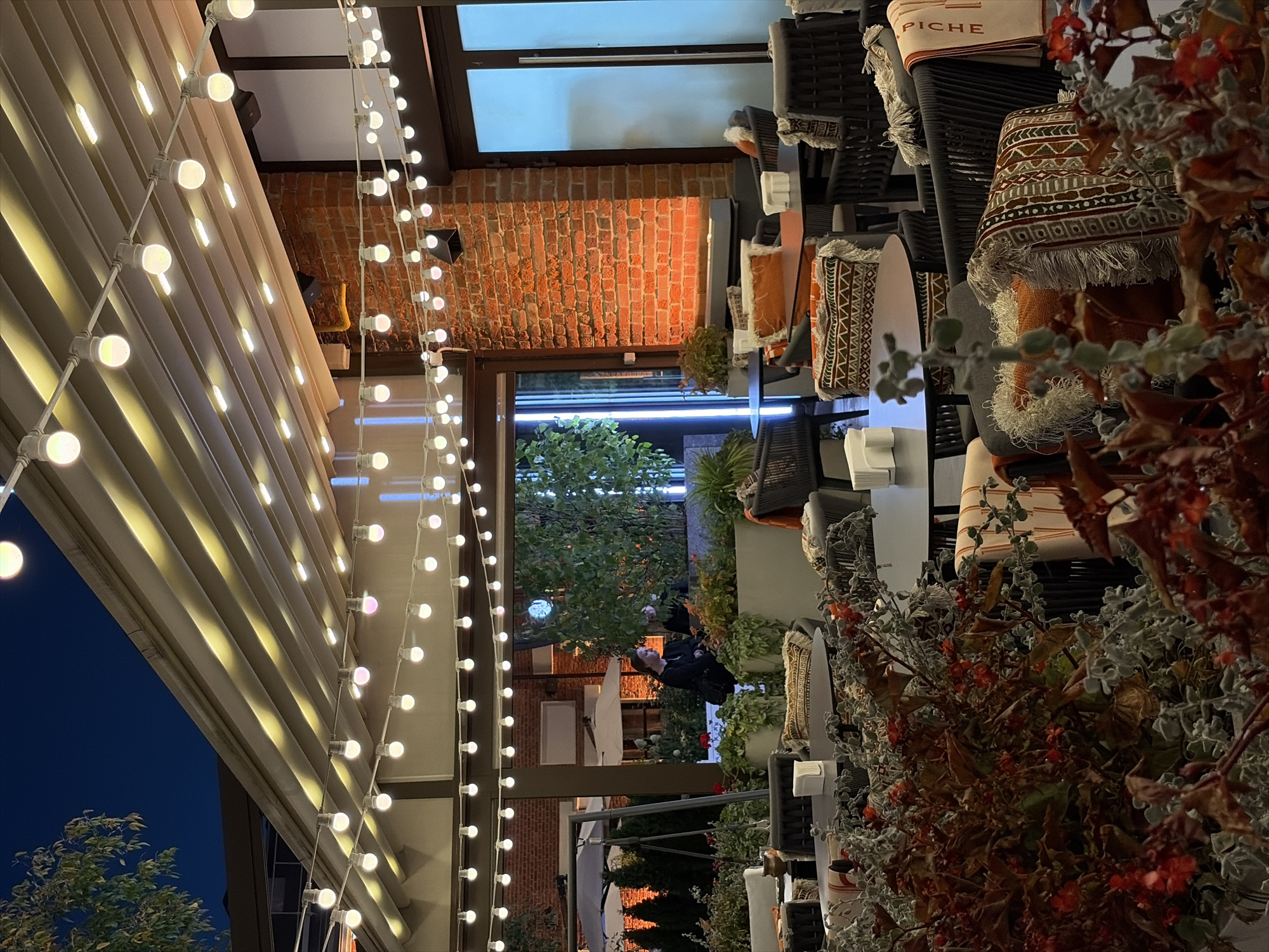 The image depicts an outdoor seating area of a restaurant at night. The area is covered by a retractable awning, illuminated by numerous string lights. There are several tables and chairs, some with decorative pillows and throws. In the background, there is a brick wall, a large plant, and a glimpse of an indoor area with windows. Two individuals are visible in the background, seated and appearing to be engaged in conversation or a meal. The overall ambiance suggests a cozy and inviting dining experience. The location is specified as Moscow, Russia.