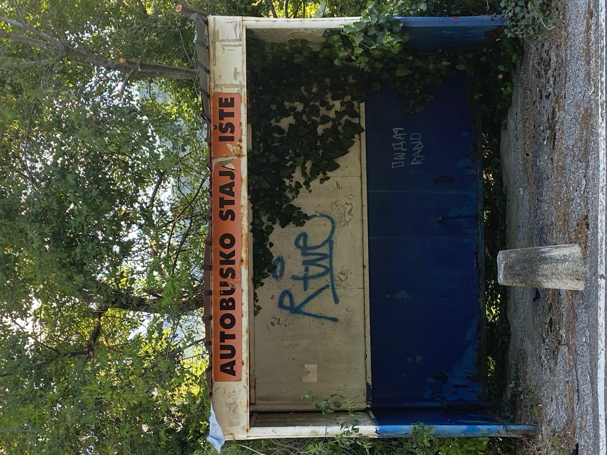 An outdoor, daytime photograph captures a deteriorating bus shelter in Sotonići, Montenegro. The shelter’s exterior bears graffiti, including the words "Rivo" and "OWDA9 RAND," in what appears to be a spray-painted font. The shelter is partially overgrown with ivy and other vegetation. A sign with "AUTOBUSKO STAJA ISTE" is vertically mounted on the left corner, conveying the shelter's purpose. A partially visible curb is to the right. Trees surround the location, and the bus stop appears to be abandoned.
