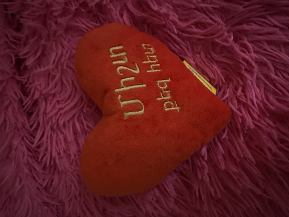 A red, plush, heart-shaped object is centrally positioned on a magenta-colored, long-pile fuzzy surface. The heart is angled slightly towards the bottom right of the frame. Embroidered in light gold-colored thread on the heart's face are two lines of Armenian text. The top line reads "ՄԻՇՏ" (MISHT), and the bottom line reads "քեզ հետ" (qez het), which translates to "Always with you." A small, yellow-edged label or tag is partially visible beneath the bottom right curve of the heart. The fuzzy background provides no additional environmental context. No discernible features in the image indicate a specific location within Yerevan, Armenia.
